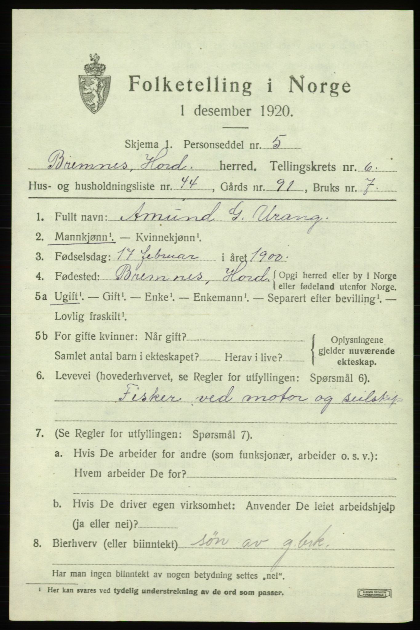 SAB, 1920 census for Bremnes, 1920, p. 3836