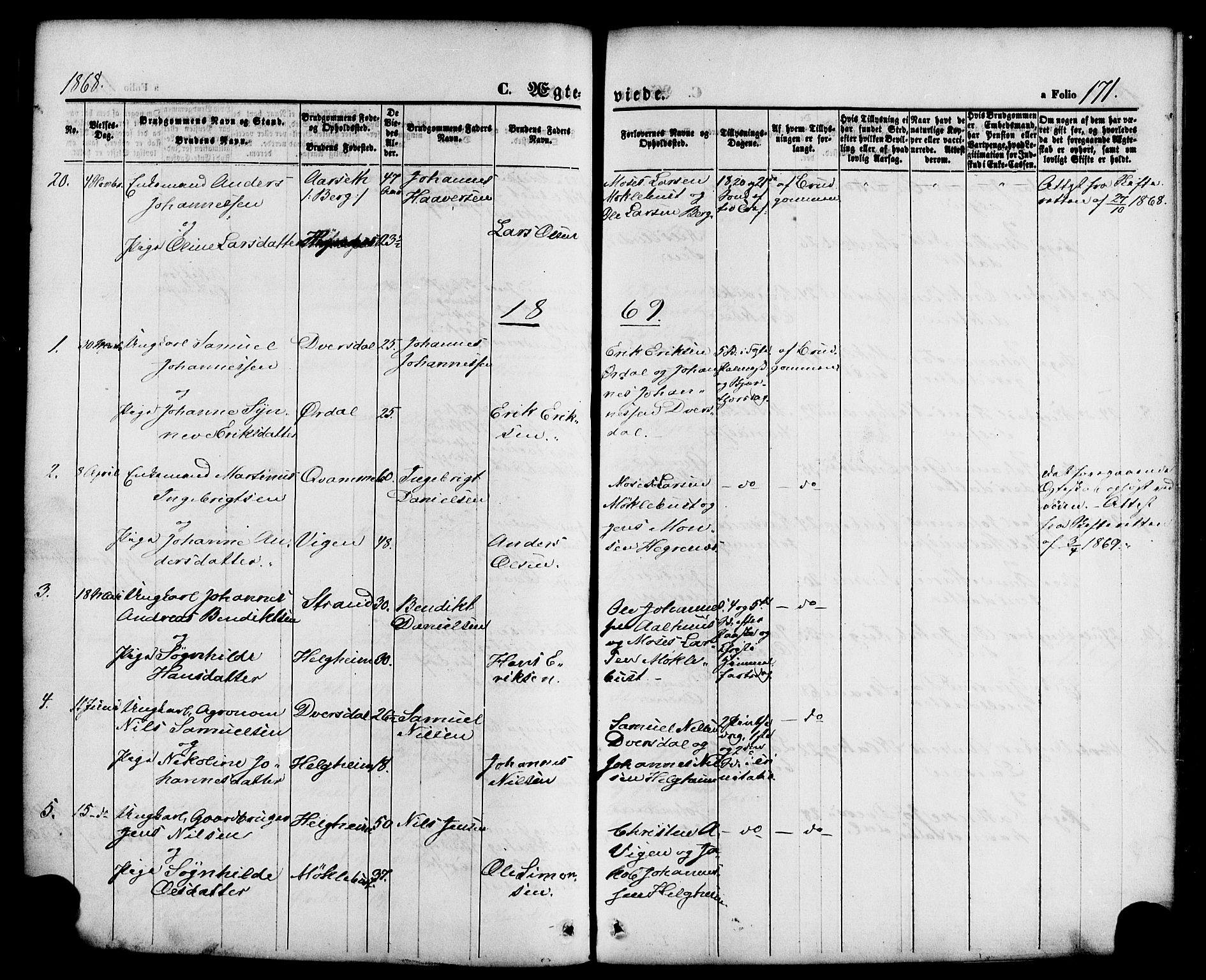 Jølster sokneprestembete, SAB/A-80701/H/Haa/Haaa/L0011: Parish register (official) no. A 11, 1866-1881, p. 171