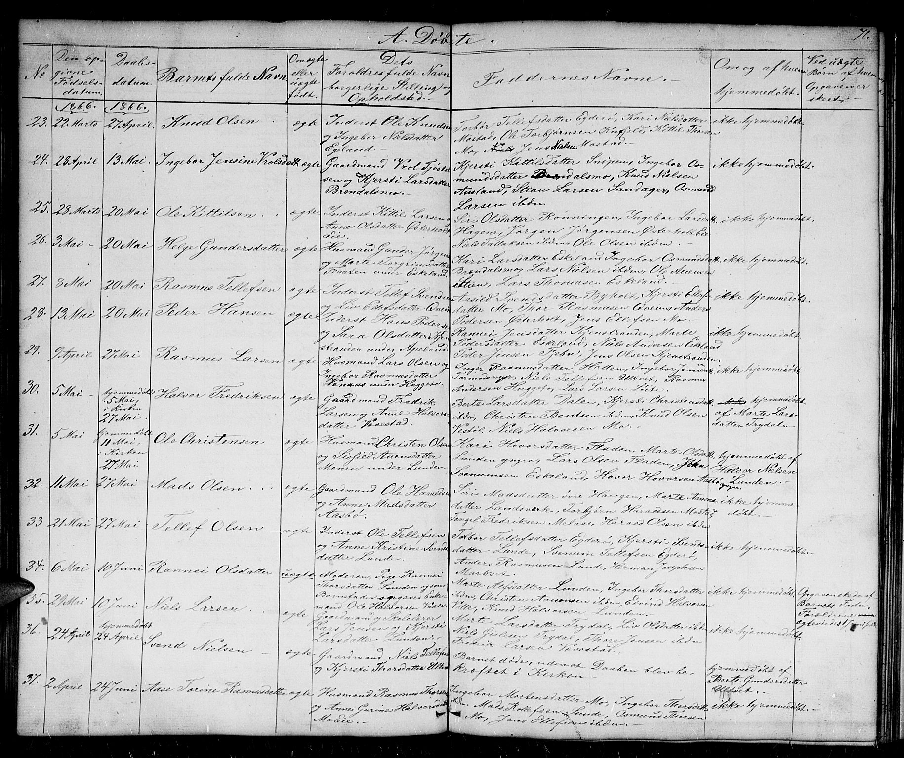 Gjerstad sokneprestkontor, AV/SAK-1111-0014/F/Fb/Fba/L0005: Parish register (copy) no. B 5, 1853-1867, p. 71