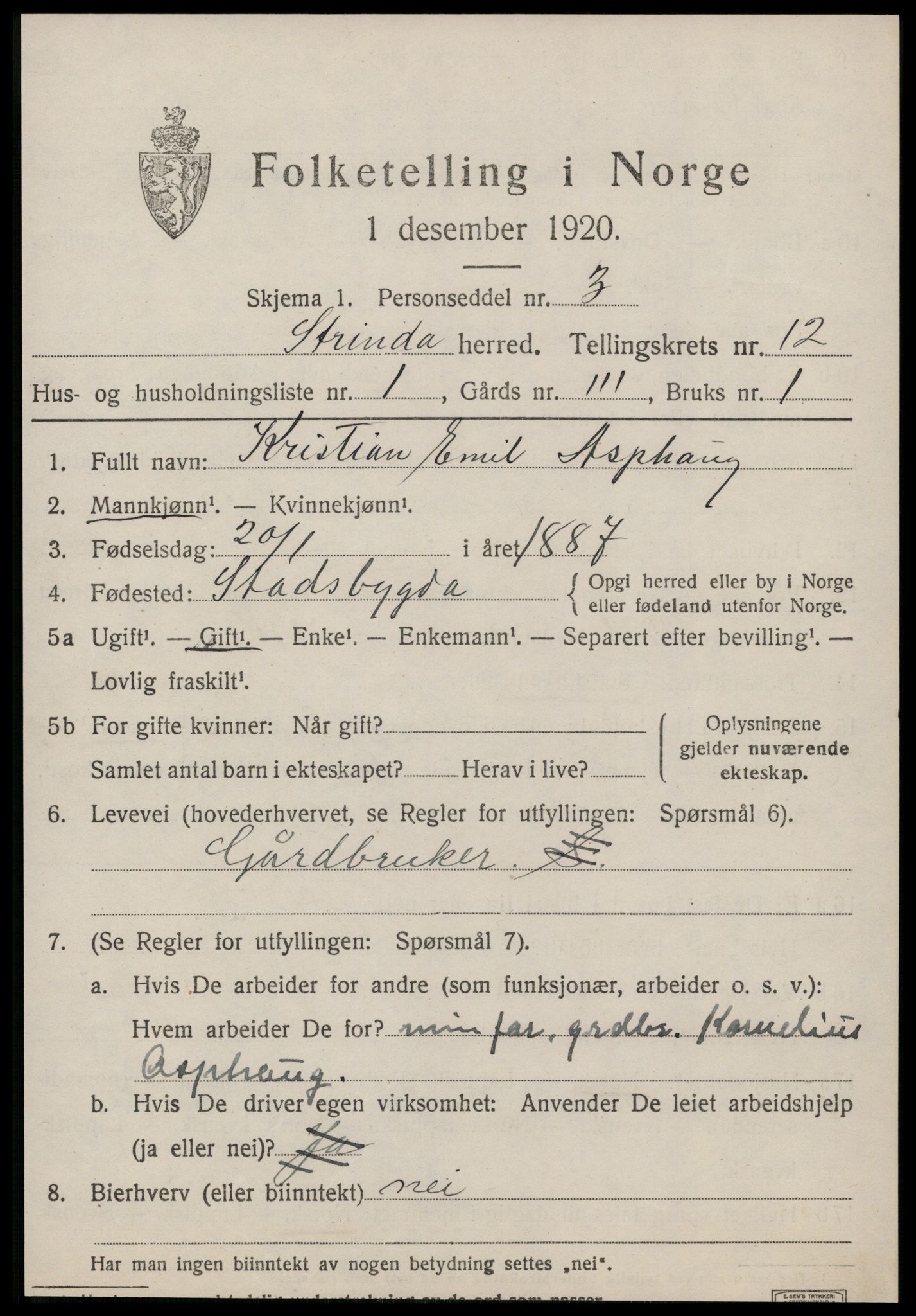 SAT, 1920 census for Strinda, 1920, p. 26122