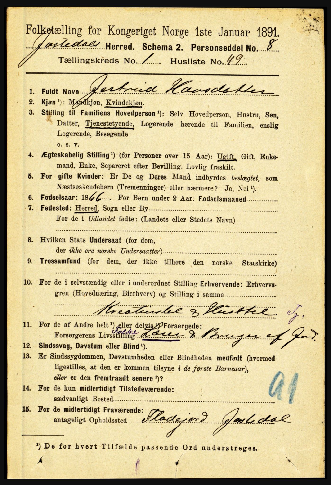 RA, 1891 census for 1427 Jostedal, 1891, p. 441