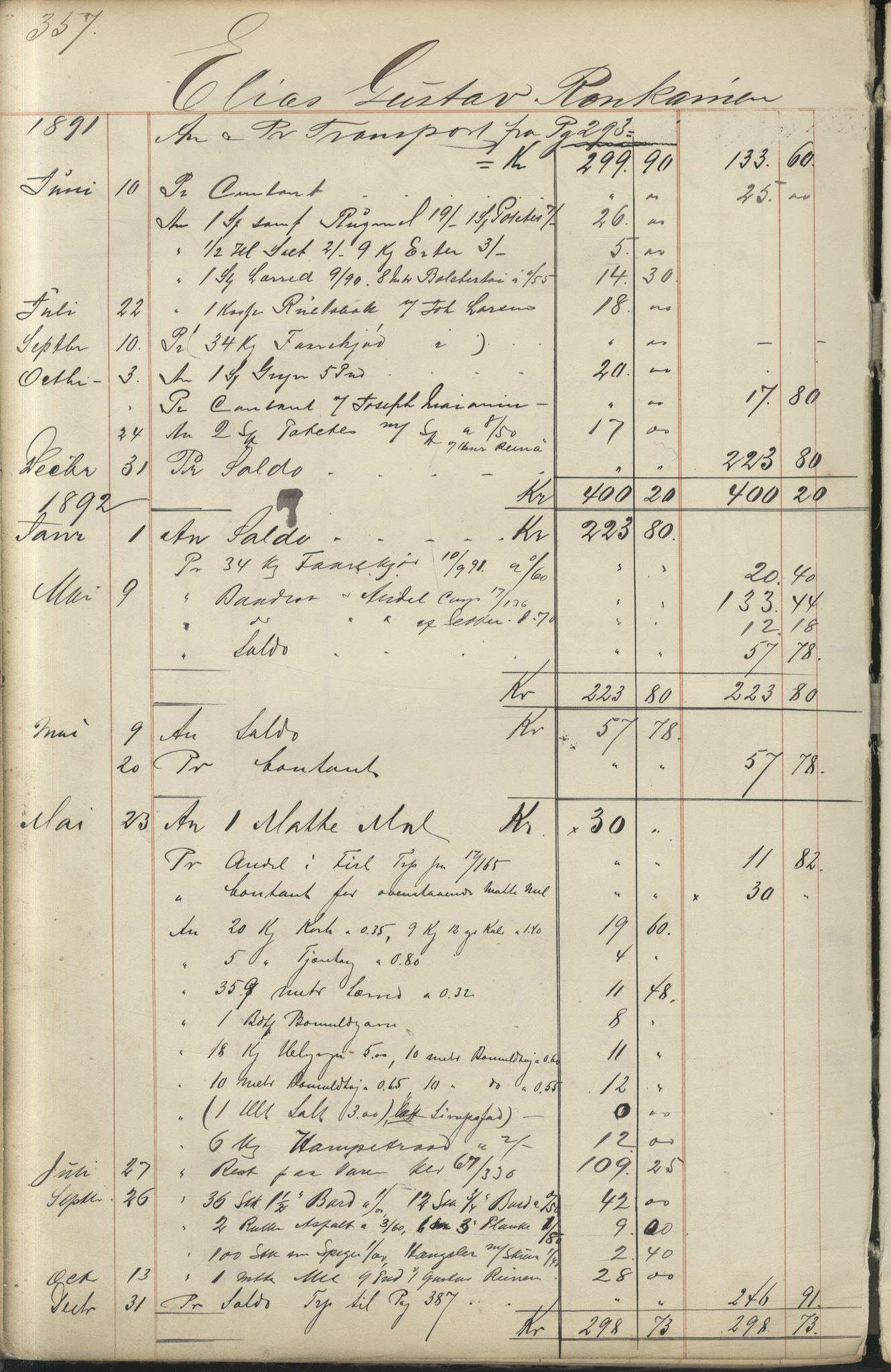 Brodtkorb handel A/S, VAMU/A-0001/F/Fc/L0001/0001: Konto for kvener og nordmenn på Kolahalvøya  / Conto for Kvæner og Nordmænd paa Russefinmarken No 1, 1868-1894, p. 357