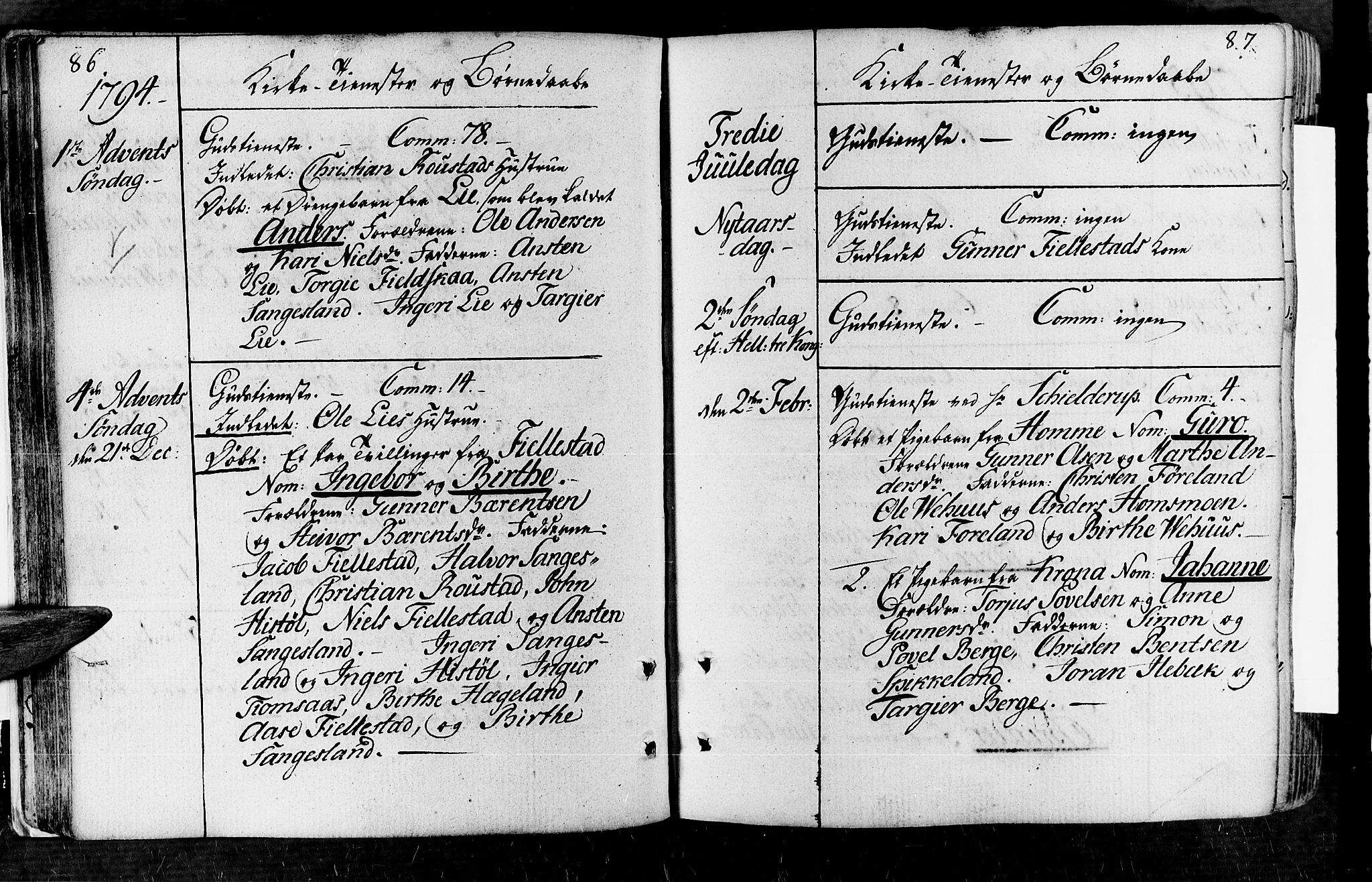 Vennesla sokneprestkontor, SAK/1111-0045/Fa/Fac/L0002: Parish register (official) no. A 2, 1785-1834, p. 86-87