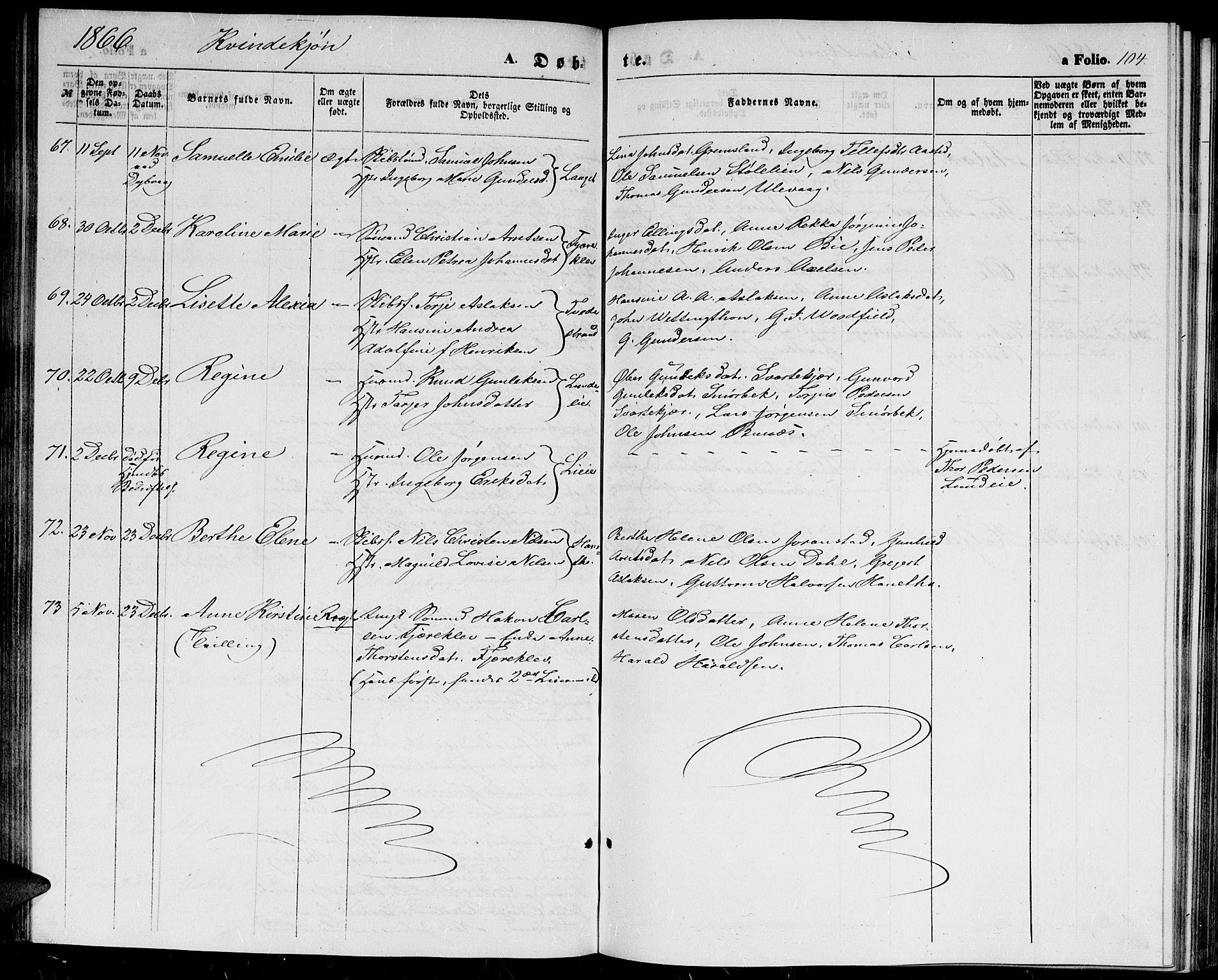 Holt sokneprestkontor, AV/SAK-1111-0021/F/Fb/L0008: Parish register (copy) no. B 8, 1858-1871, p. 104