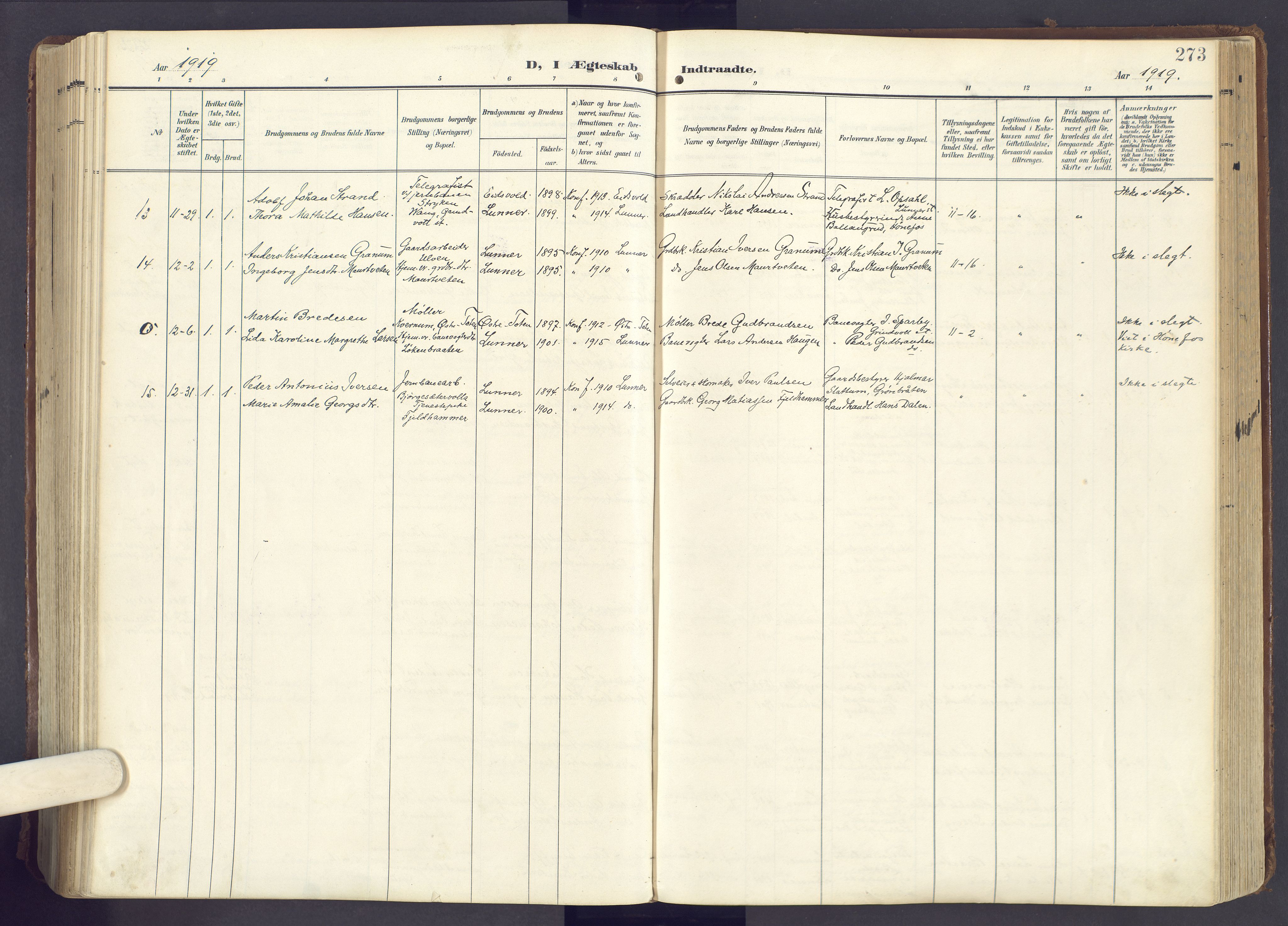 Lunner prestekontor, AV/SAH-PREST-118/H/Ha/Haa/L0001: Parish register (official) no. 1, 1907-1922, p. 273