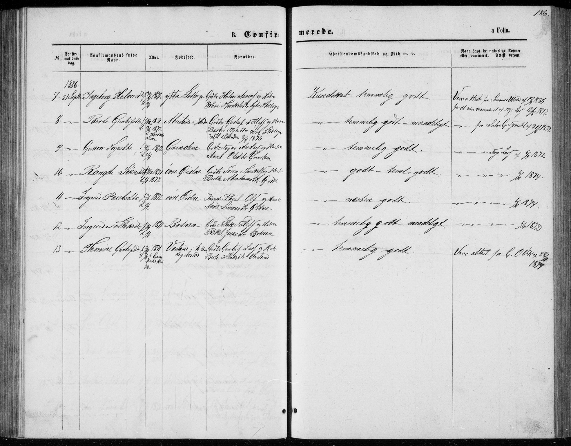 Bjelland sokneprestkontor, AV/SAK-1111-0005/F/Fb/Fbc/L0002: Parish register (copy) no. B 2, 1867-1887, p. 186