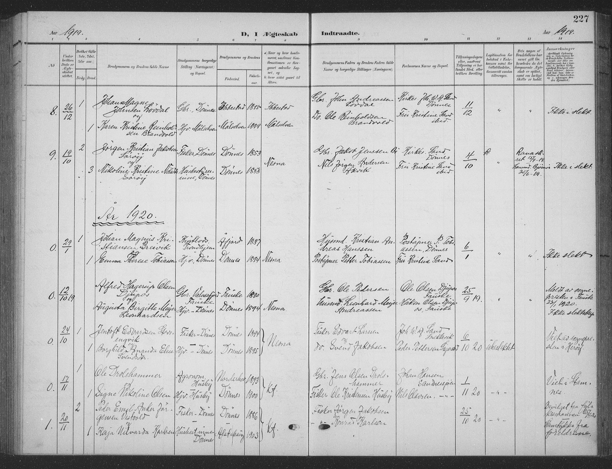 Ministerialprotokoller, klokkerbøker og fødselsregistre - Nordland, SAT/A-1459/835/L0533: Parish register (copy) no. 835C05, 1906-1939, p. 227