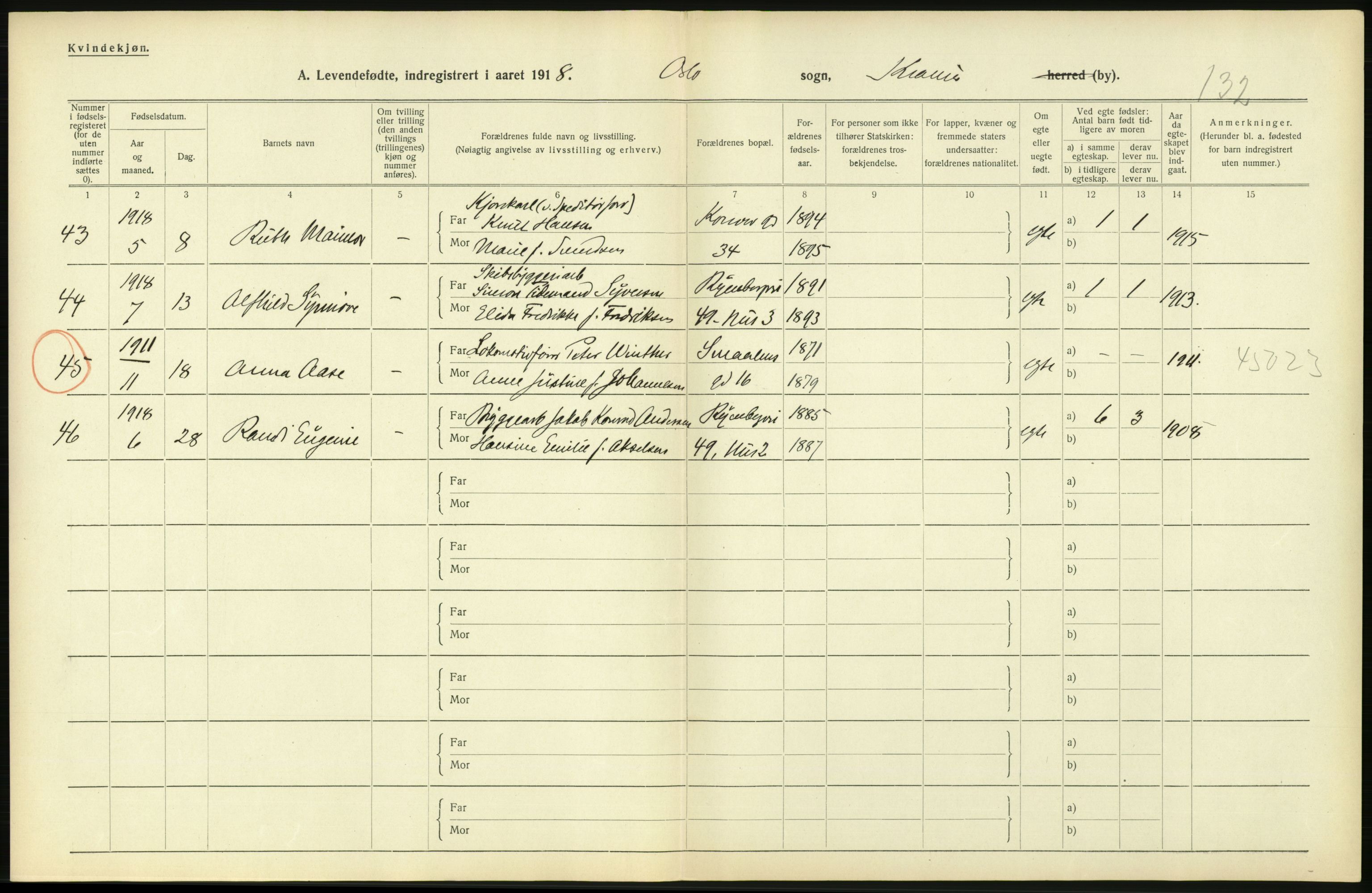 Statistisk sentralbyrå, Sosiodemografiske emner, Befolkning, AV/RA-S-2228/D/Df/Dfb/Dfbh/L0007: Kristiania: Levendefødte menn og kvinner., 1918, p. 312