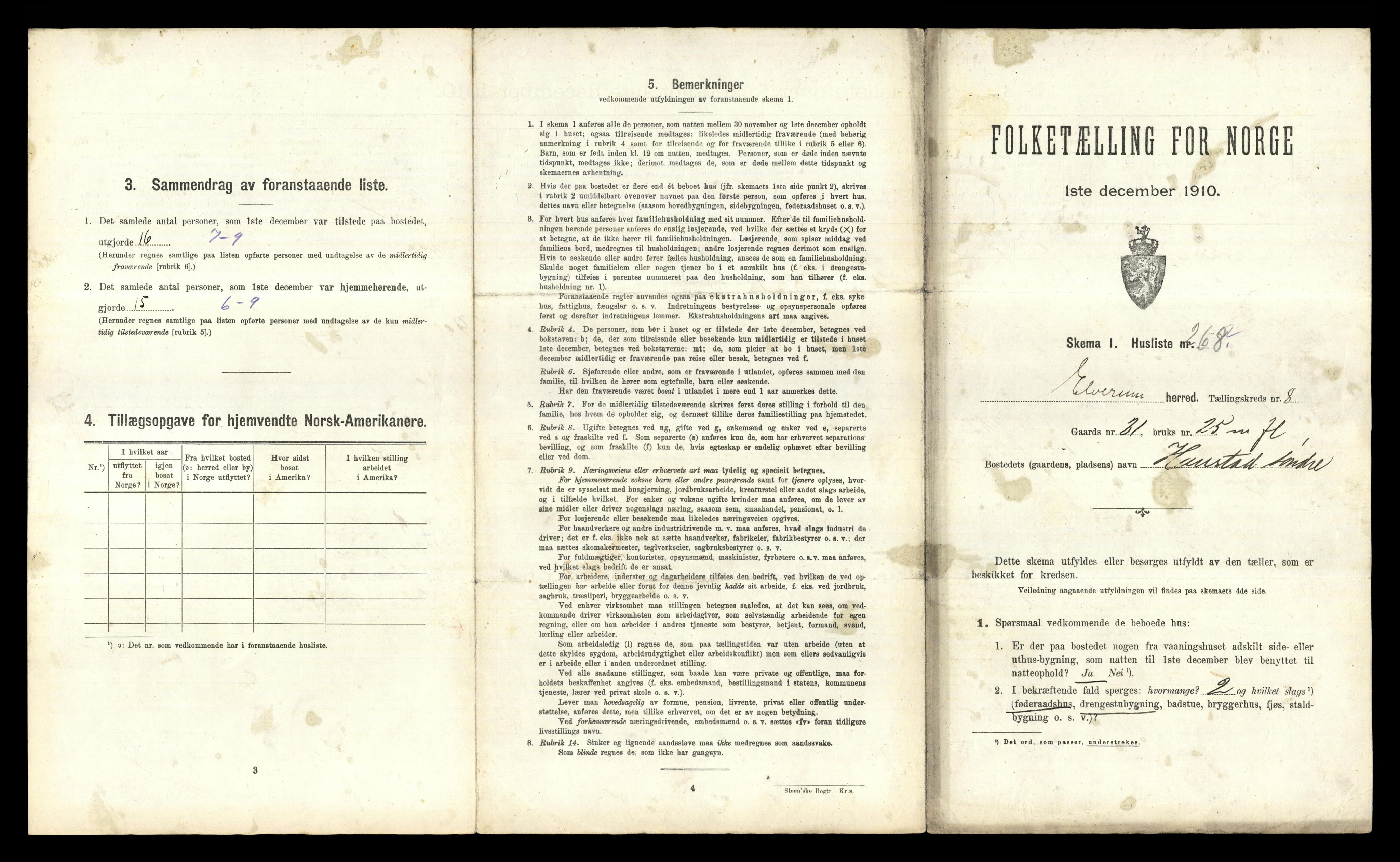 RA, 1910 census for Elverum, 1910, p. 1297