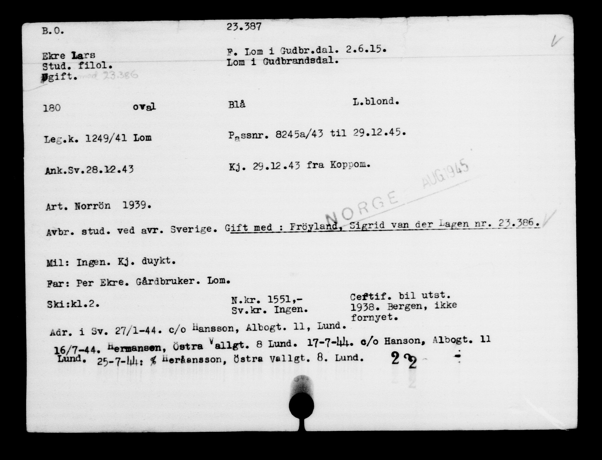 Den Kgl. Norske Legasjons Flyktningskontor, RA/S-6753/V/Va/L0010: Kjesäterkartoteket.  Flyktningenr. 22000-25314, 1940-1945, p. 1482