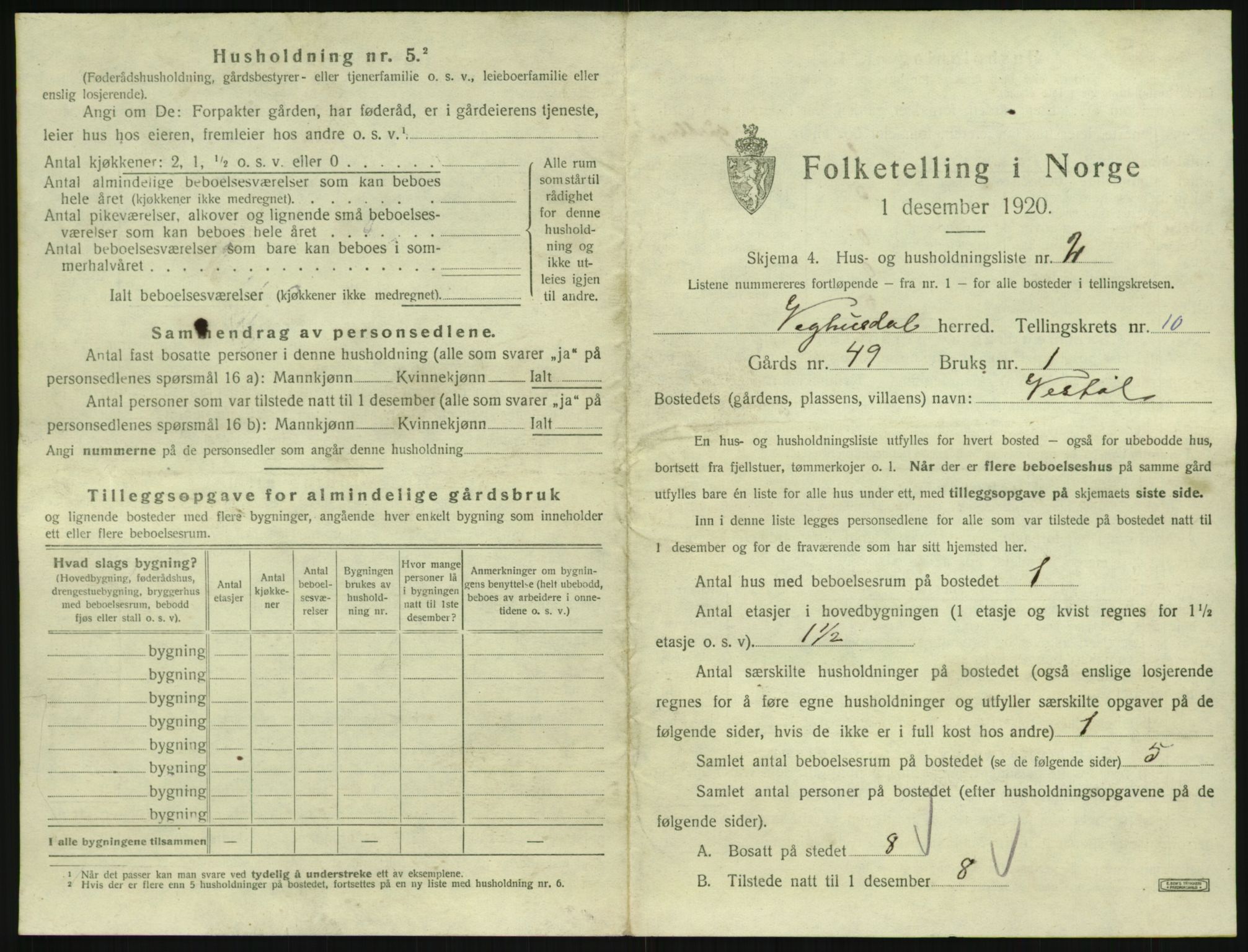 SAK, 1920 census for Vegusdal, 1920, p. 347