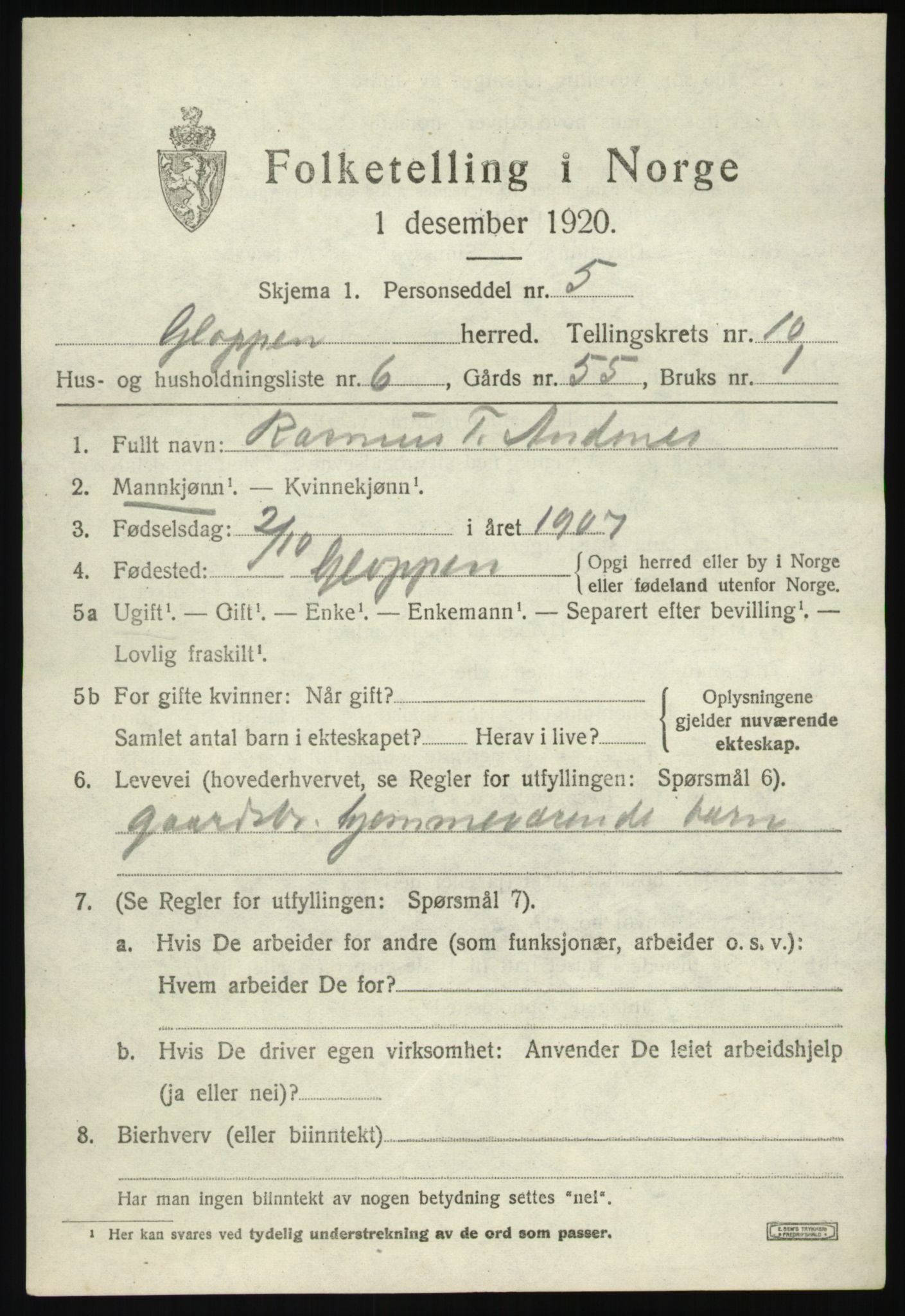 SAB, 1920 census for Gloppen, 1920, p. 5272