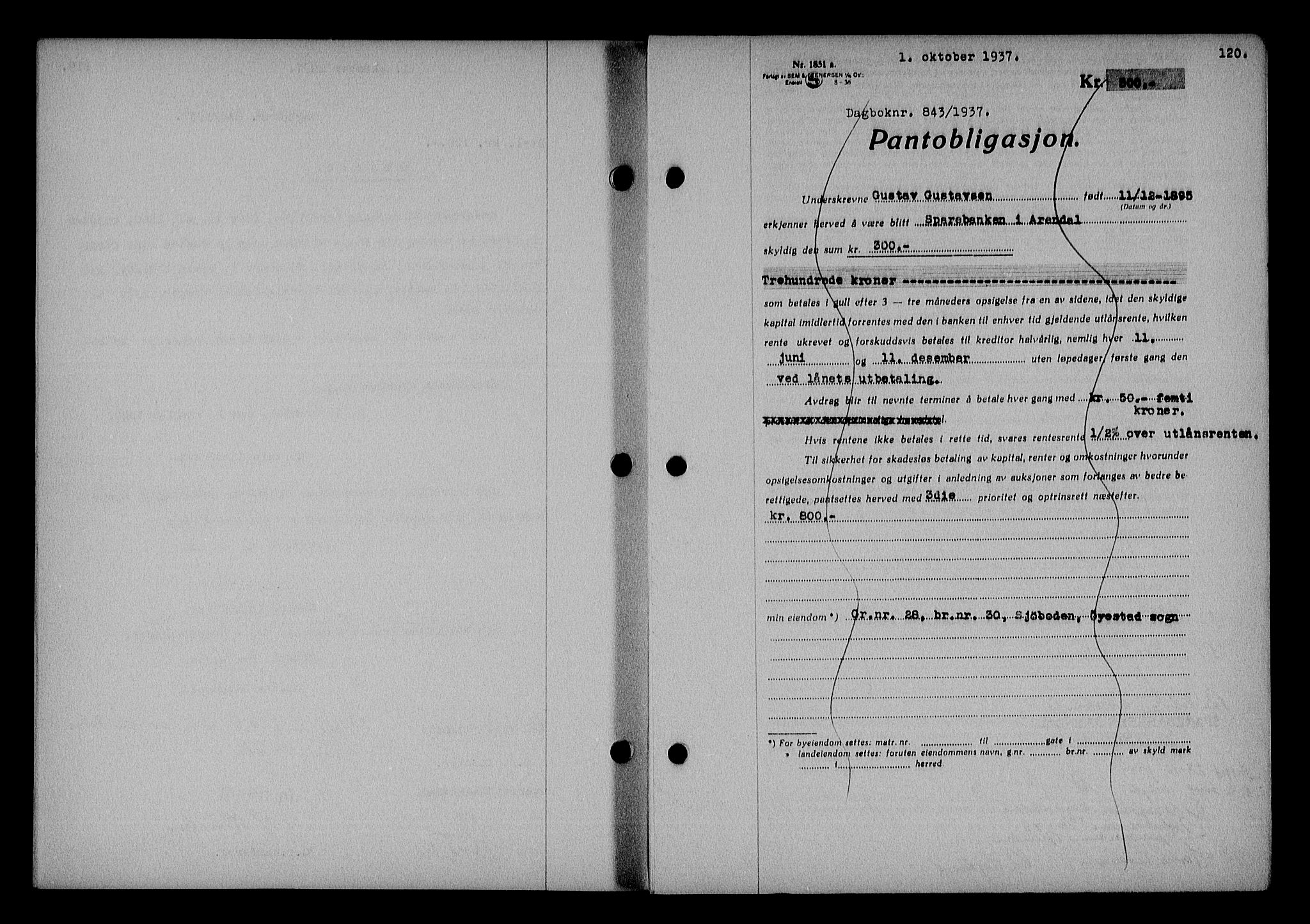 Nedenes sorenskriveri, AV/SAK-1221-0006/G/Gb/Gba/L0044: Mortgage book no. 40, 1937-1938, Diary no: : 843/1937