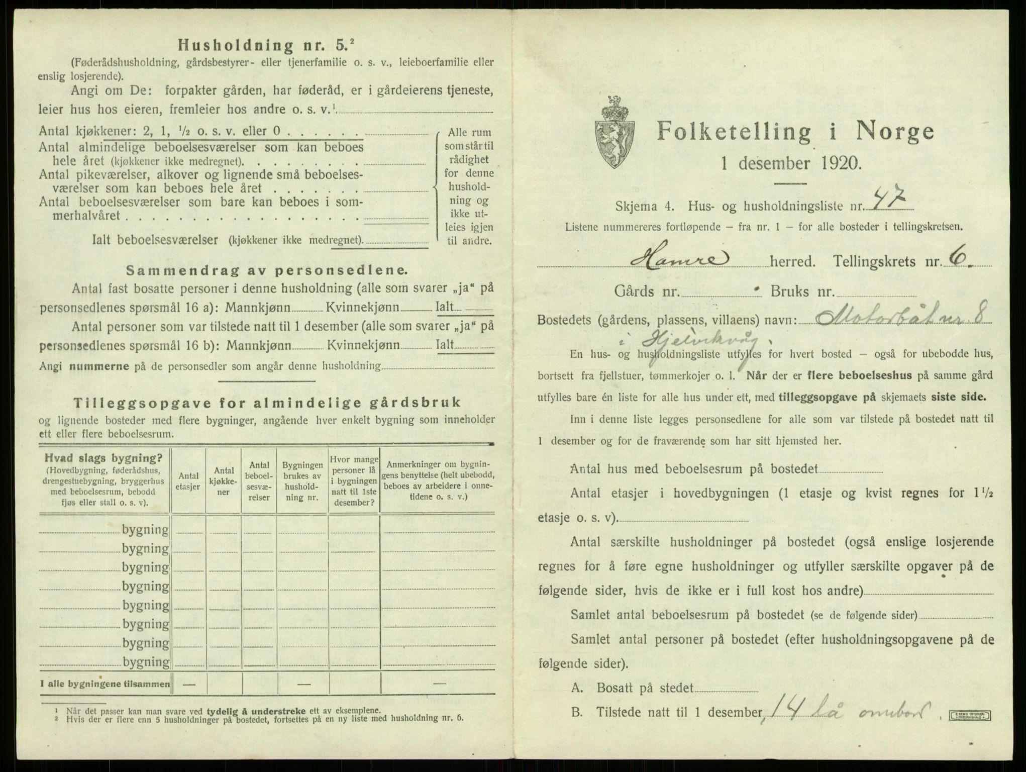 SAB, 1920 census for Hamre, 1920, p. 605