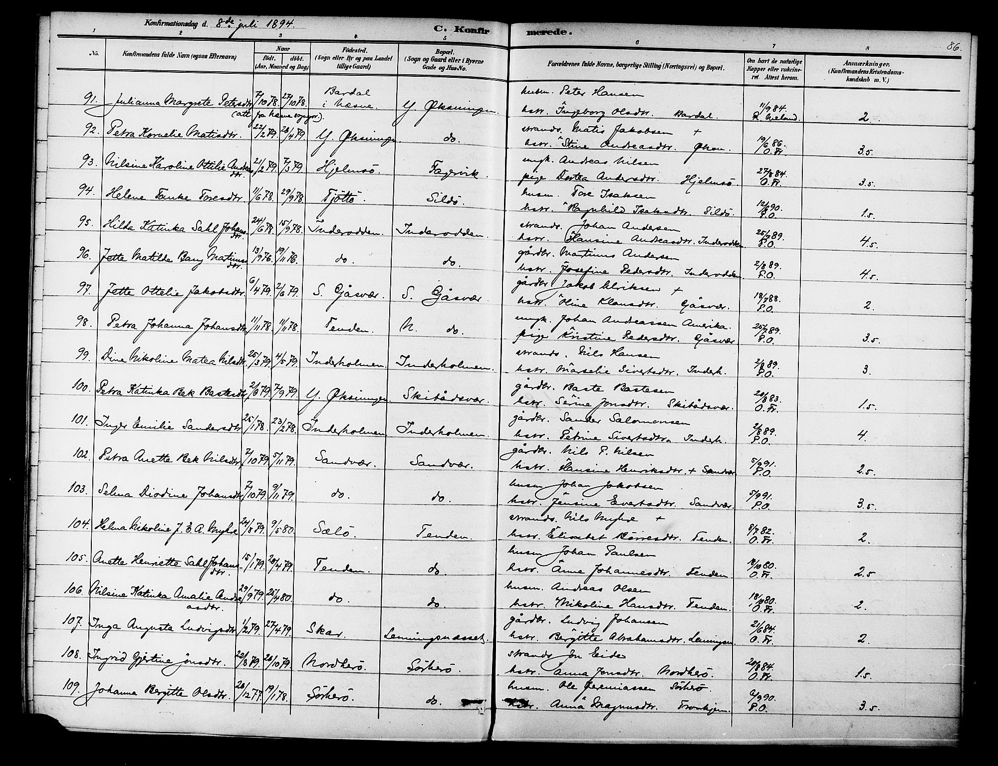 Ministerialprotokoller, klokkerbøker og fødselsregistre - Nordland, AV/SAT-A-1459/834/L0508: Parish register (official) no. 834A06, 1892-1901, p. 86