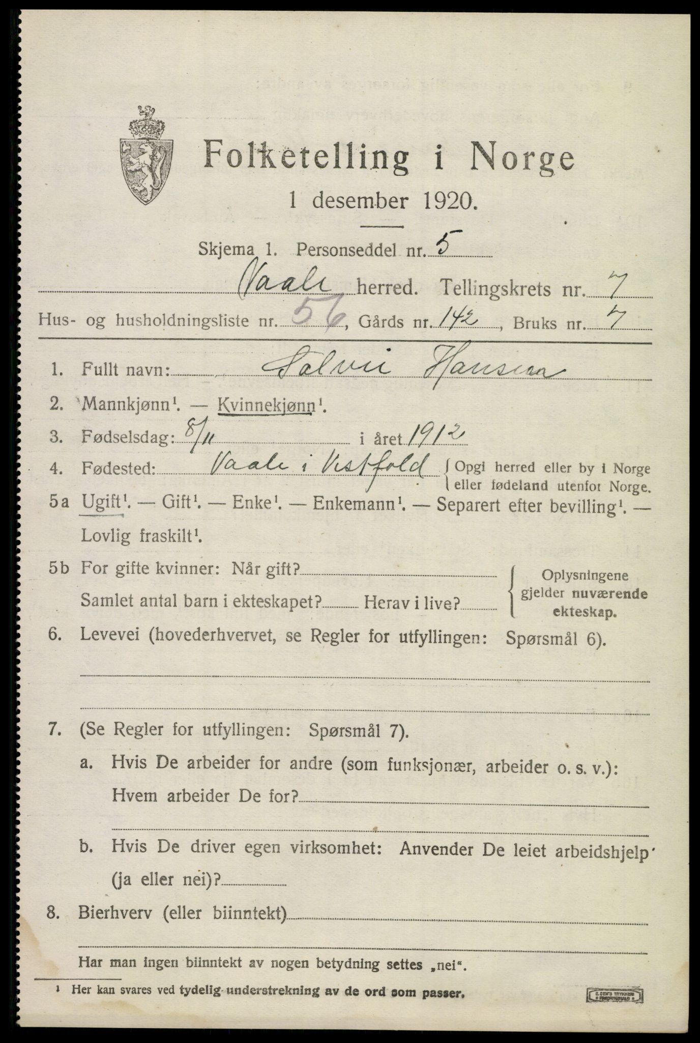 SAKO, 1920 census for Våle, 1920, p. 6158