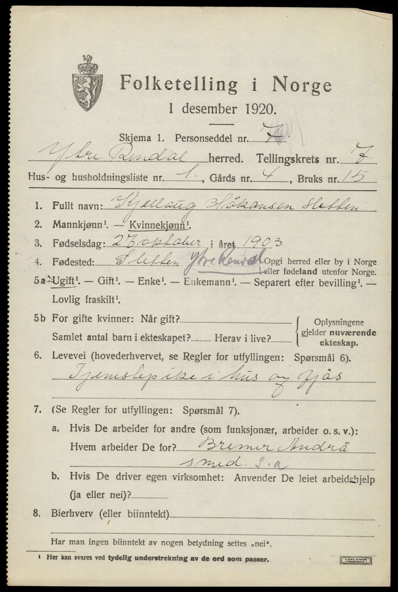 SAH, 1920 census for Ytre Rendal, 1920, p. 3657