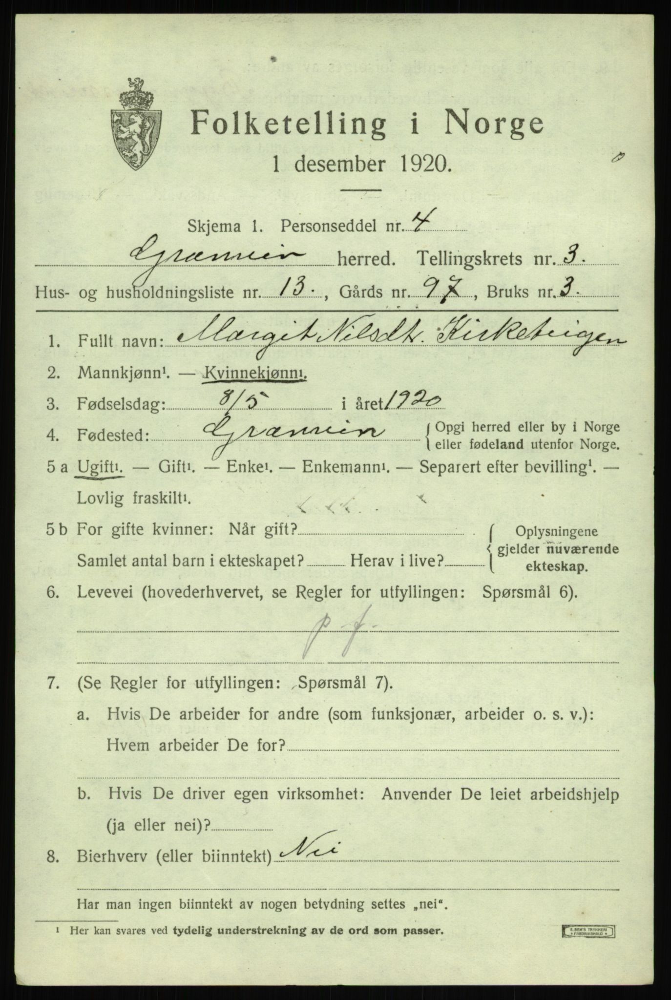 SAB, 1920 census for Granvin, 1920, p. 1292