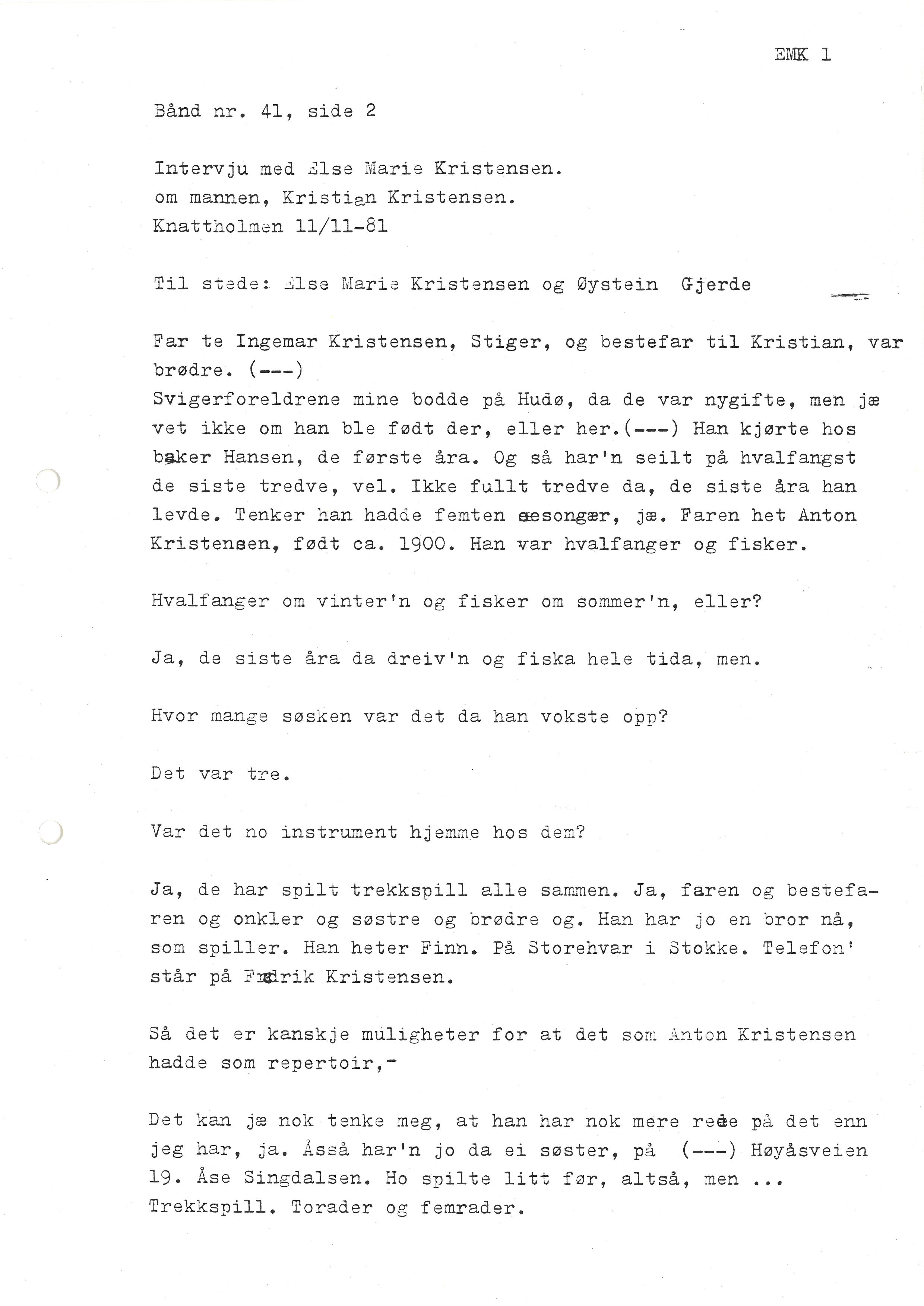 Sa 16 - Folkemusikk fra Vestfold, Gjerdesamlingen, VEMU/A-1868/I/L0001: Informantregister med intervjunedtegnelser, 1979-1986