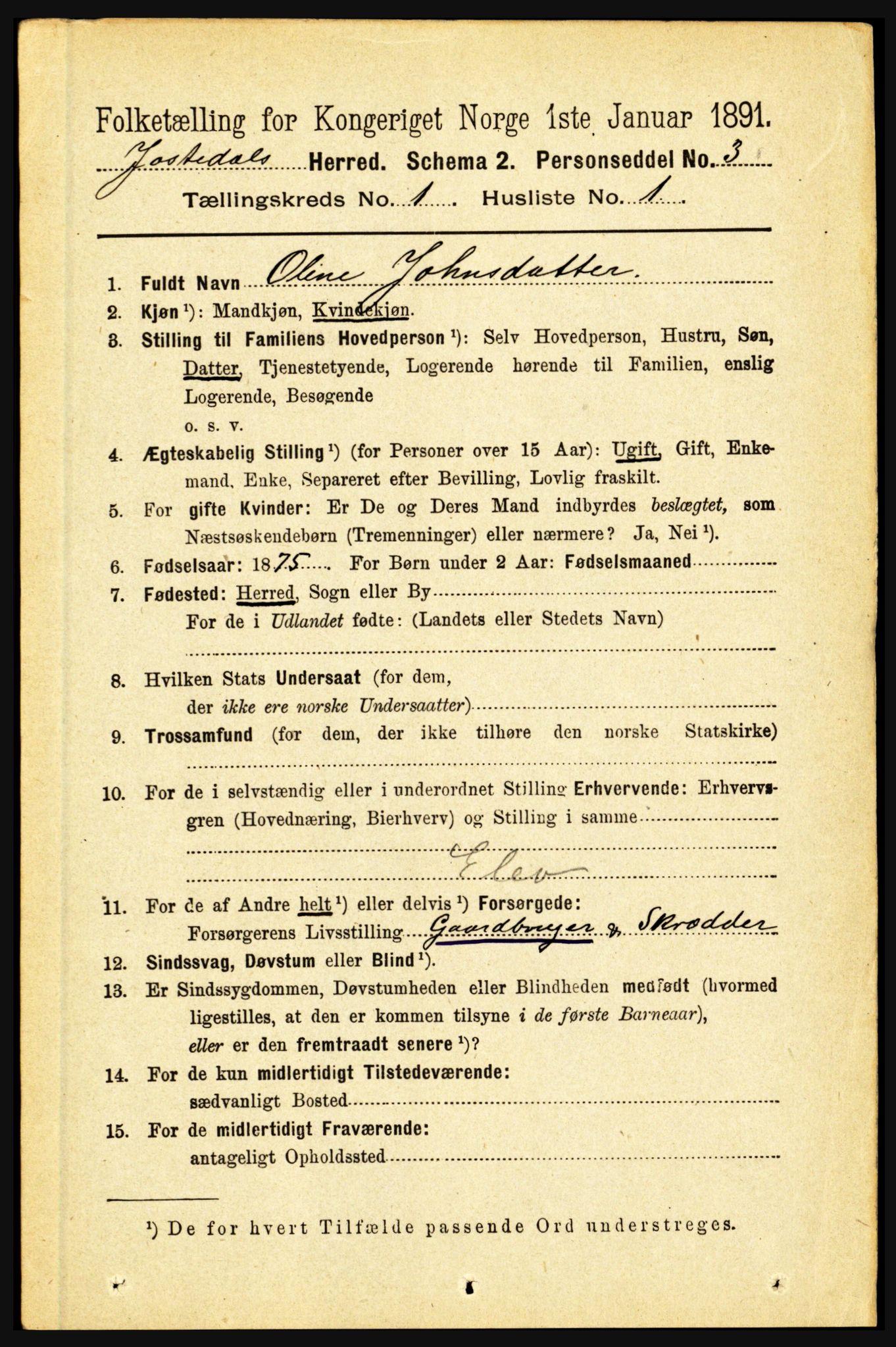 RA, 1891 census for 1427 Jostedal, 1891, p. 68