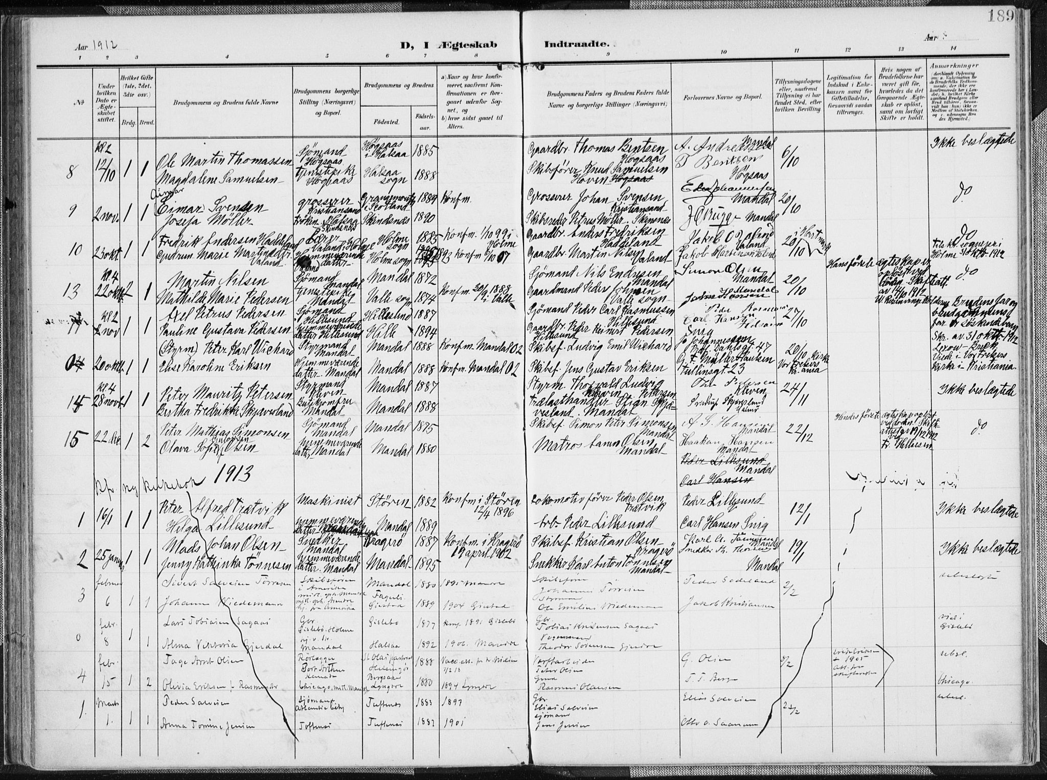 Mandal sokneprestkontor, SAK/1111-0030/F/Fa/Faa/L0020: Parish register (official) no. A 20, 1906-1912, p. 189