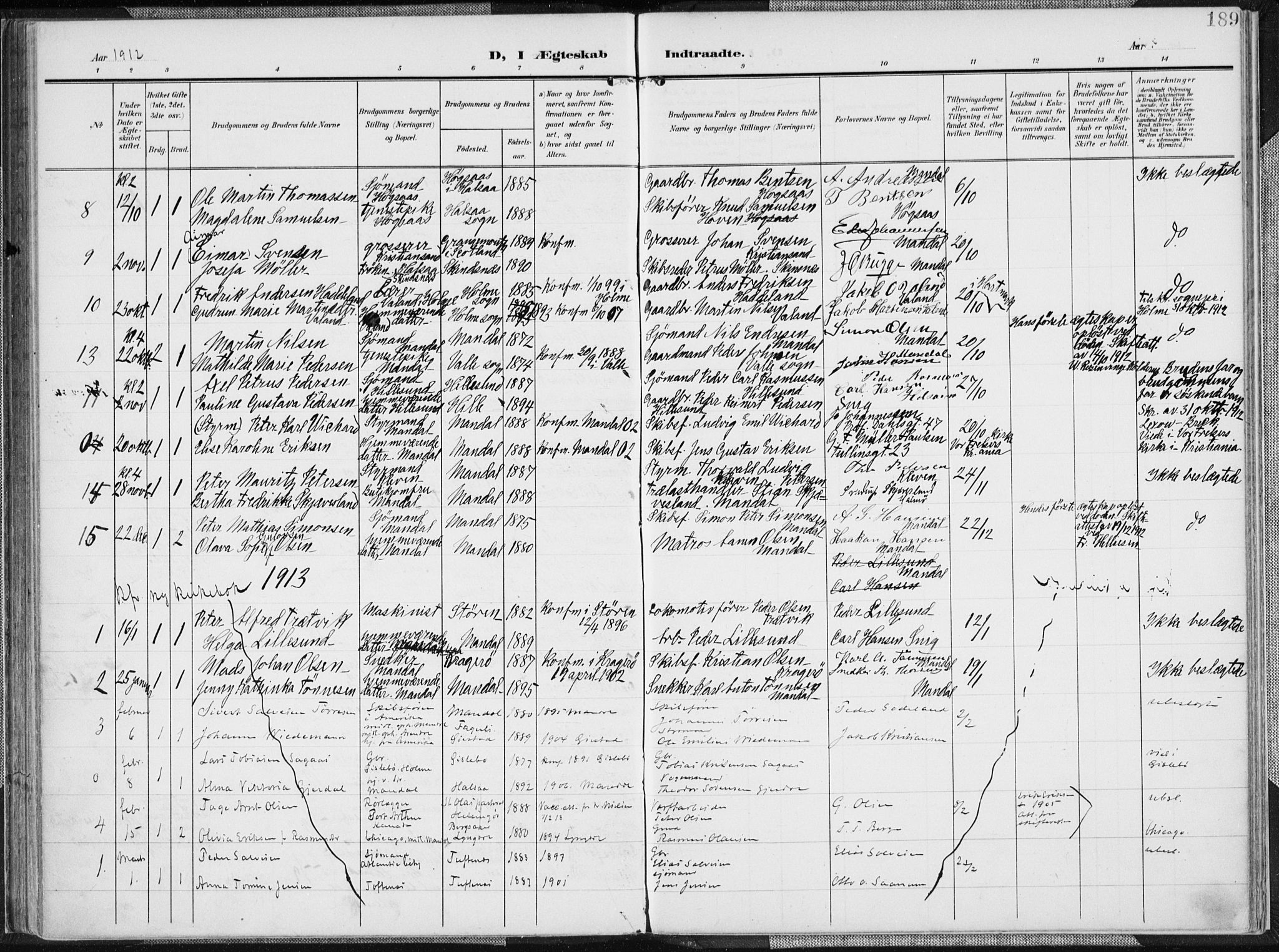 Mandal sokneprestkontor, AV/SAK-1111-0030/F/Fa/Faa/L0020: Parish register (official) no. A 20, 1906-1912, p. 189