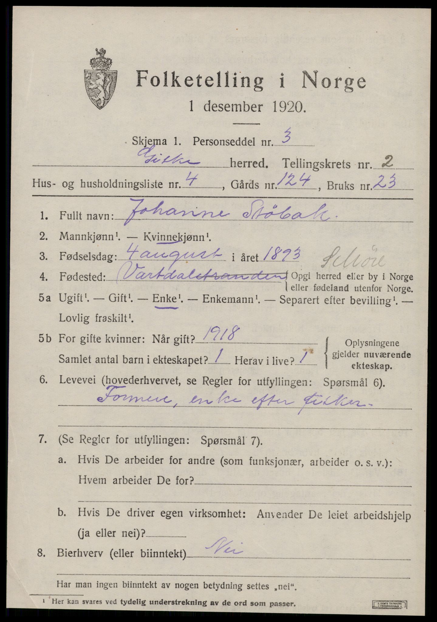 SAT, 1920 census for Giske, 1920, p. 916