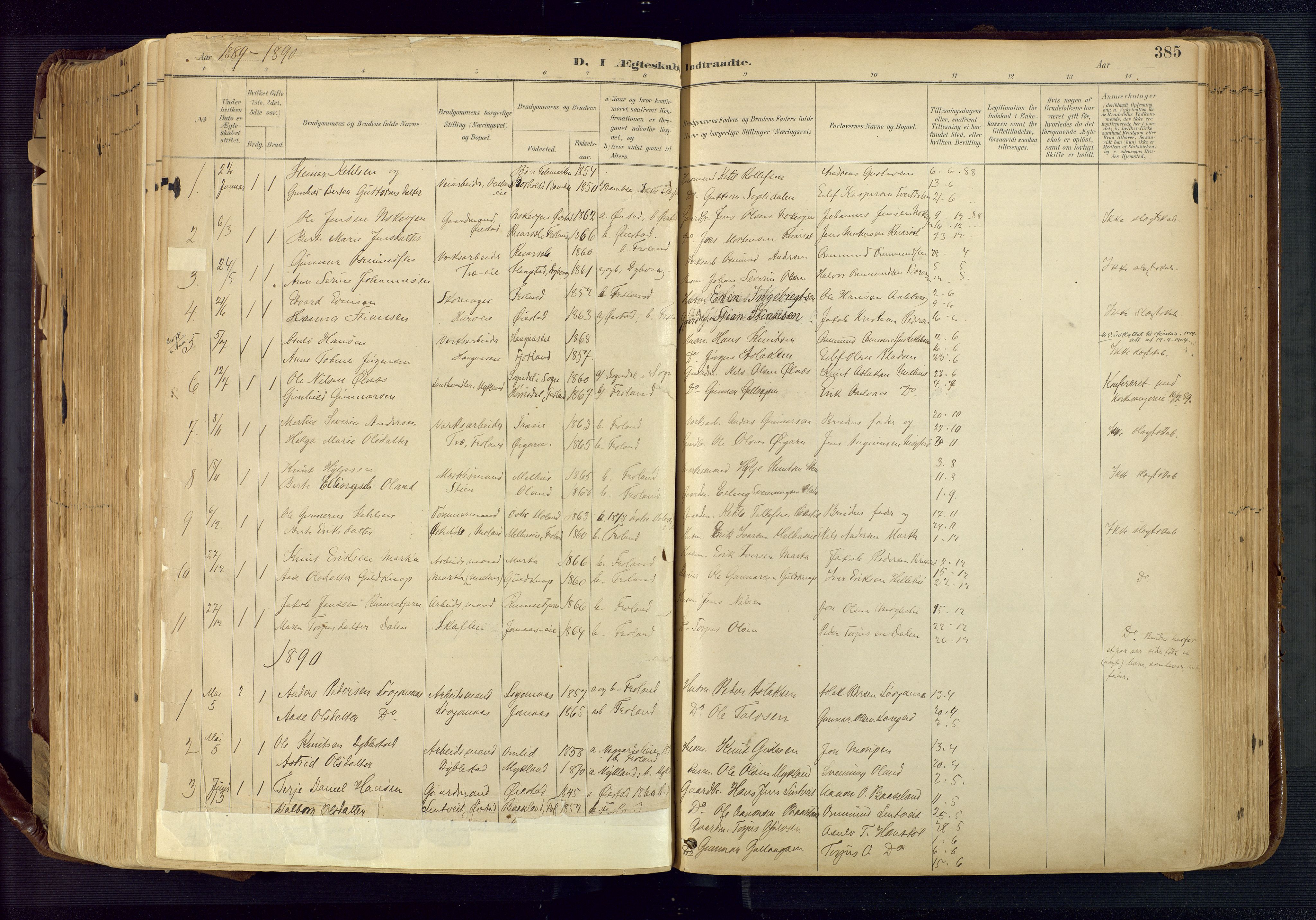 Froland sokneprestkontor, SAK/1111-0013/F/Fa/L0005: Parish register (official) no. A 5, 1882-1921, p. 385