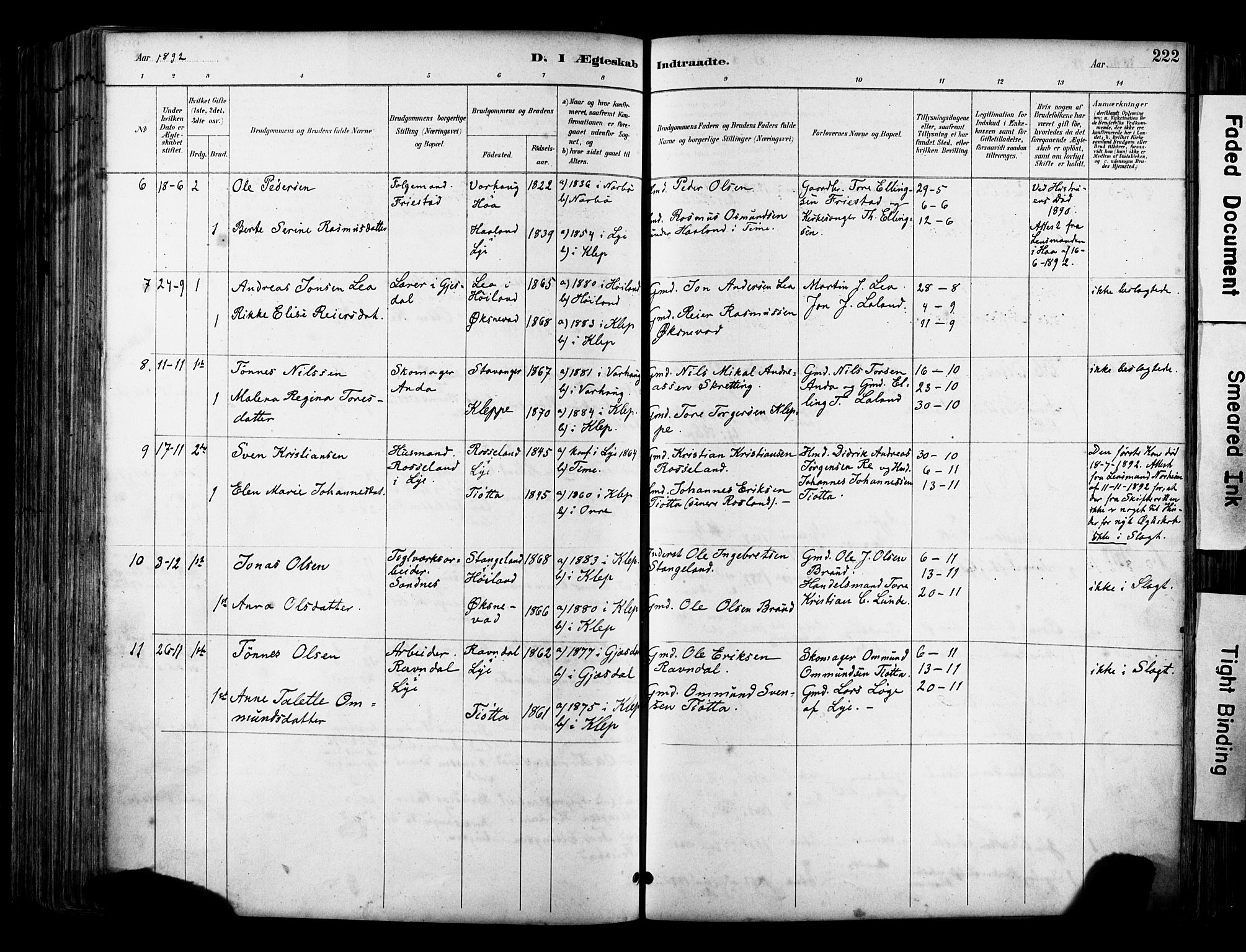 Klepp sokneprestkontor, SAST/A-101803/001/3/30BA/L0009: Parish register (official) no. A 7, 1886-1915, p. 222
