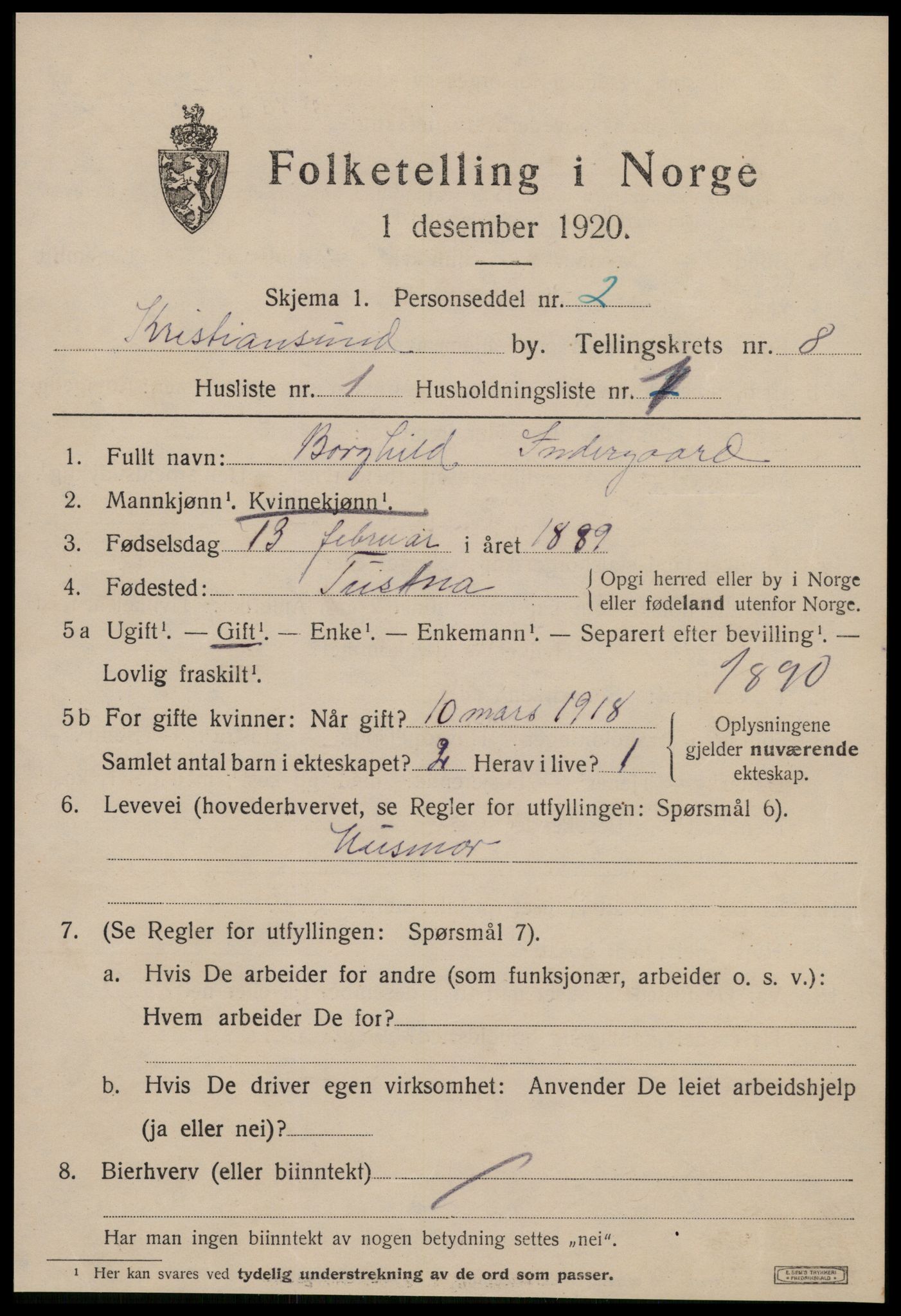 SAT, 1920 census for Kristiansund, 1920, p. 19835