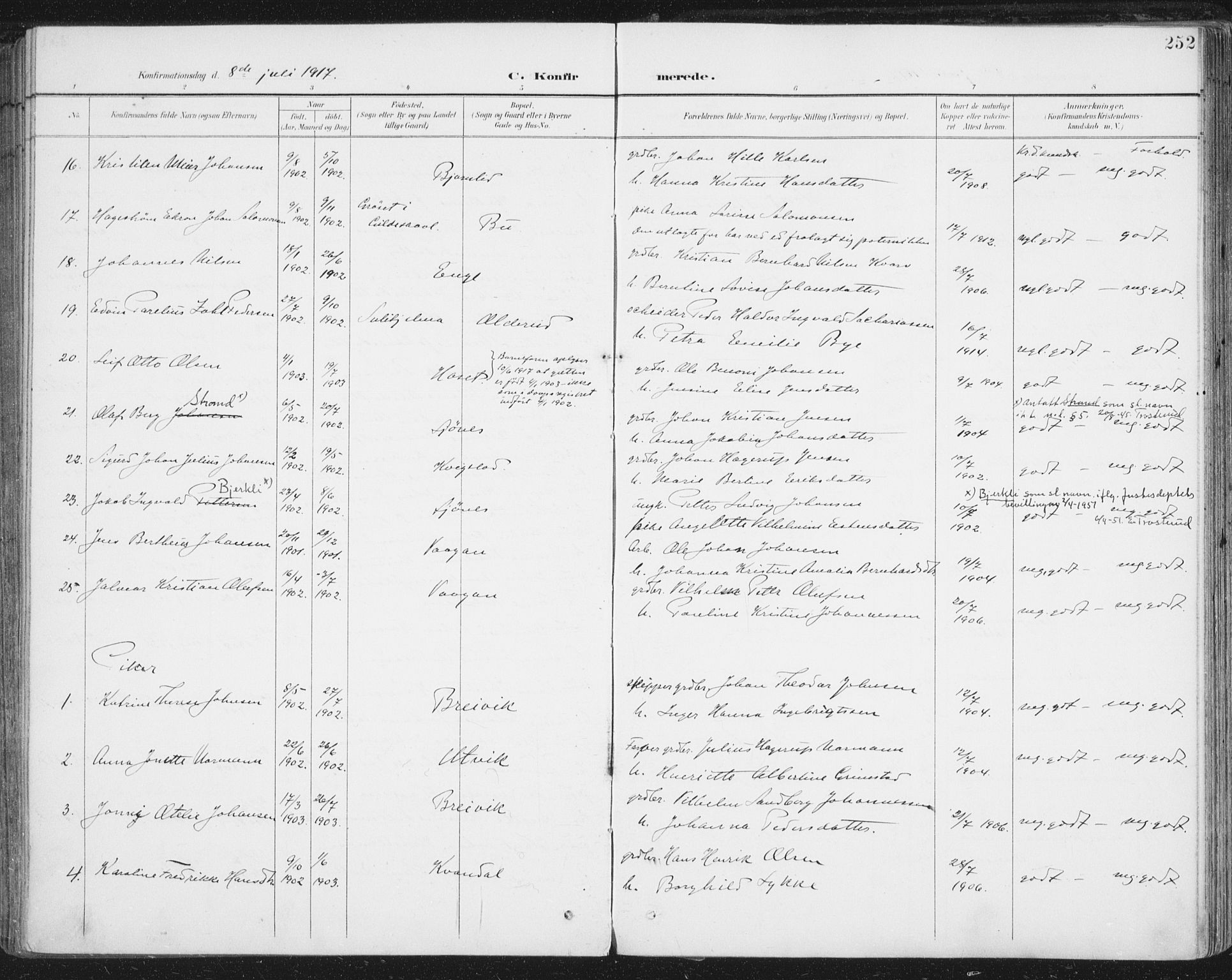 Ministerialprotokoller, klokkerbøker og fødselsregistre - Nordland, SAT/A-1459/852/L0741: Parish register (official) no. 852A11, 1894-1917, p. 252
