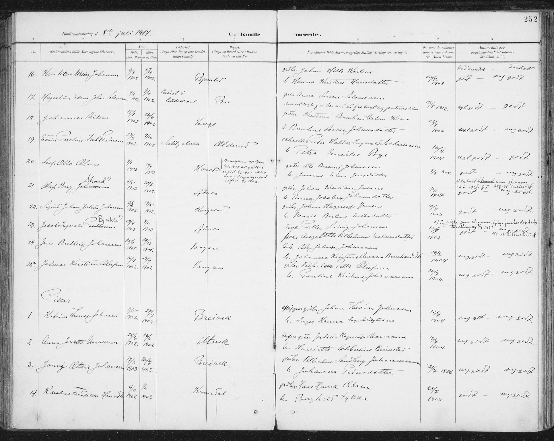 Ministerialprotokoller, klokkerbøker og fødselsregistre - Nordland, AV/SAT-A-1459/852/L0741: Parish register (official) no. 852A11, 1894-1917, p. 252