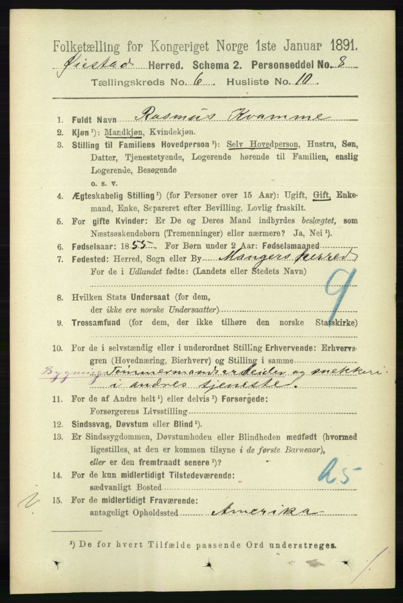 RA, 1891 census for 0920 Øyestad, 1891, p. 2188