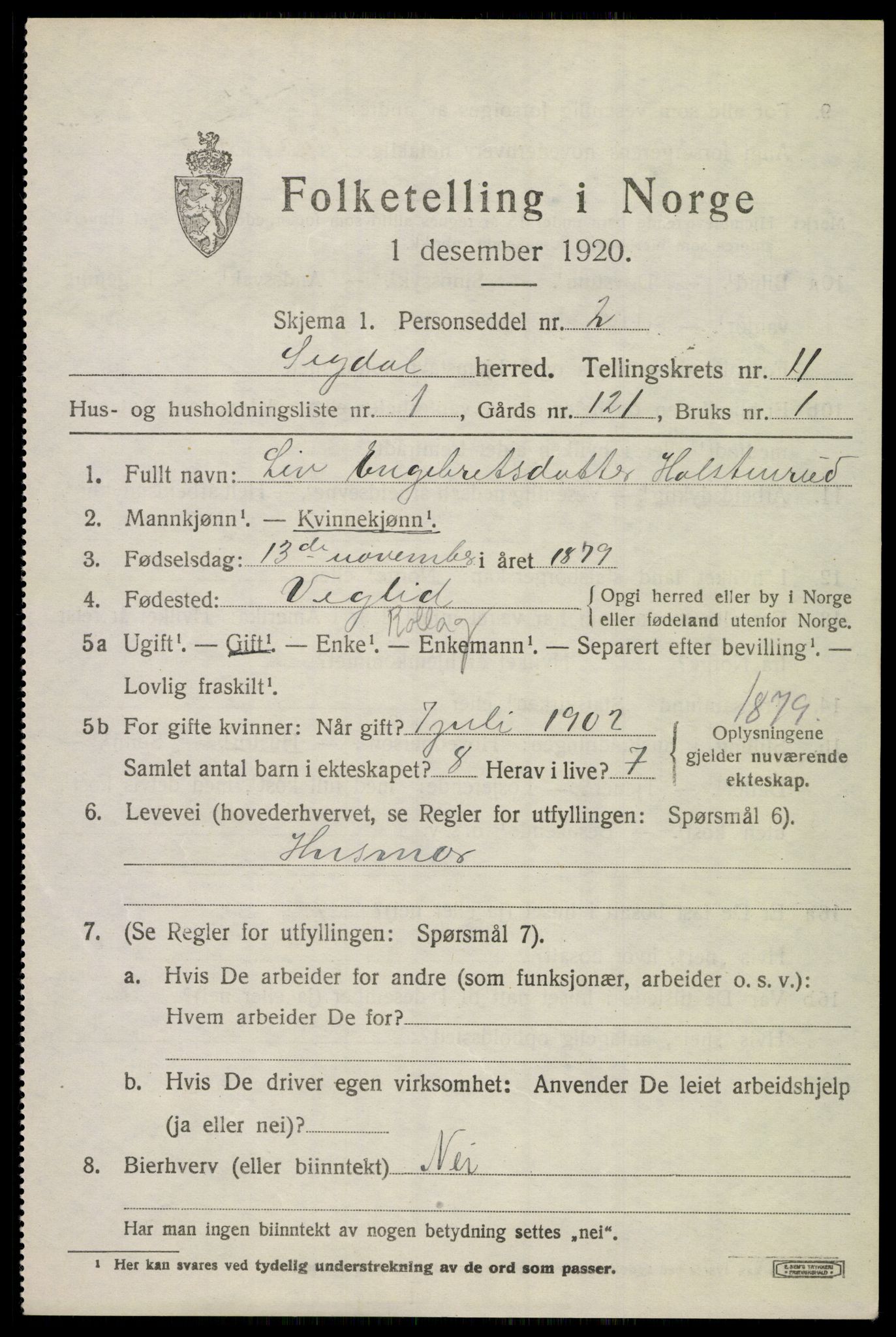 SAKO, 1920 census for Sigdal, 1920, p. 7586