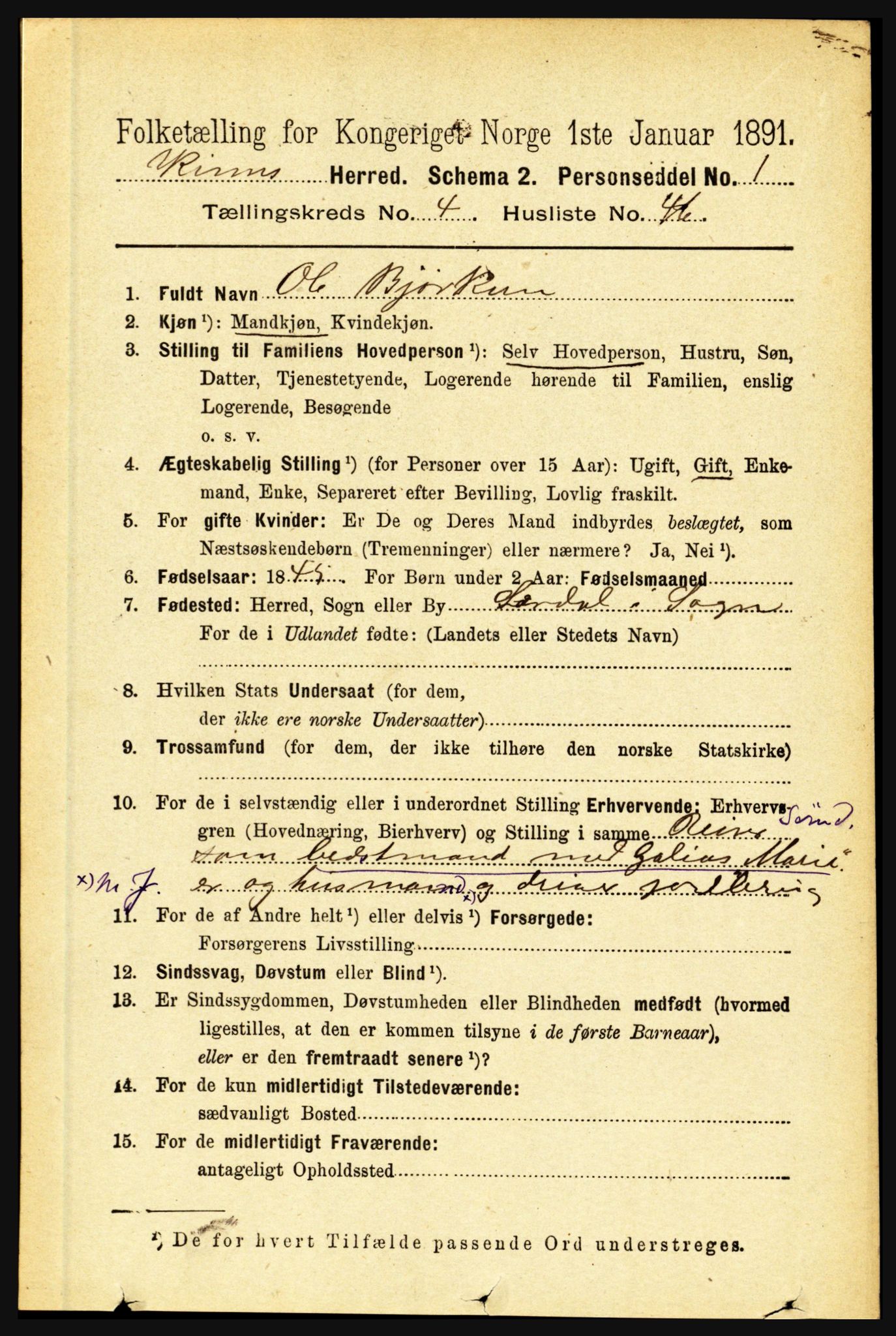 RA, 1891 census for 1437 Kinn, 1891, p. 1598