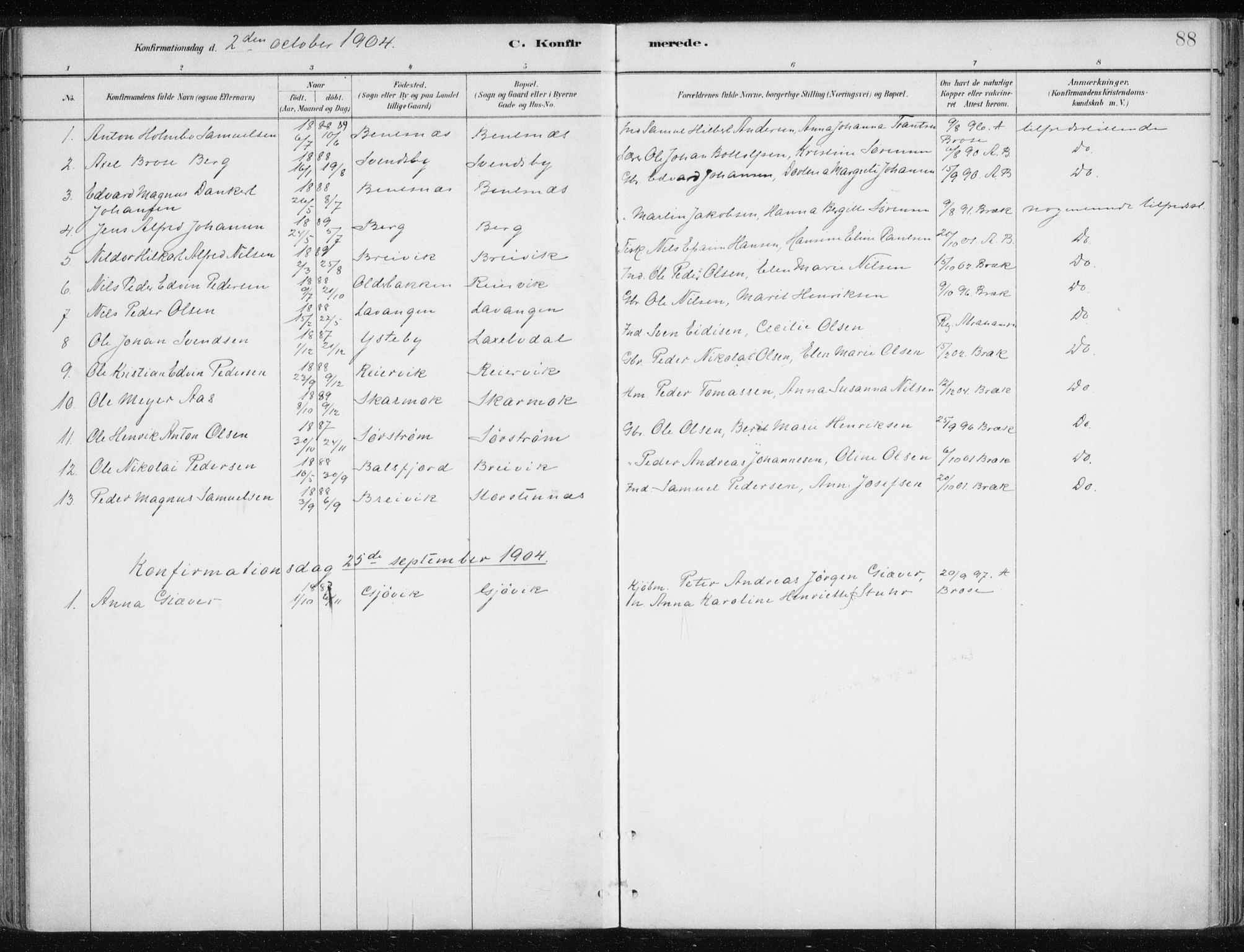 Lyngen sokneprestembete, AV/SATØ-S-1289/H/He/Hea/L0010kirke: Parish register (official) no. 10, 1883-1904, p. 88