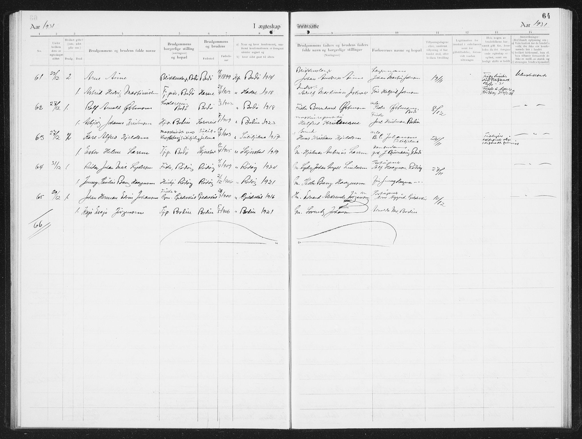 Ministerialprotokoller, klokkerbøker og fødselsregistre - Nordland, AV/SAT-A-1459/801/L0036: Parish register (copy) no. 801C11, 1920-1934, p. 64