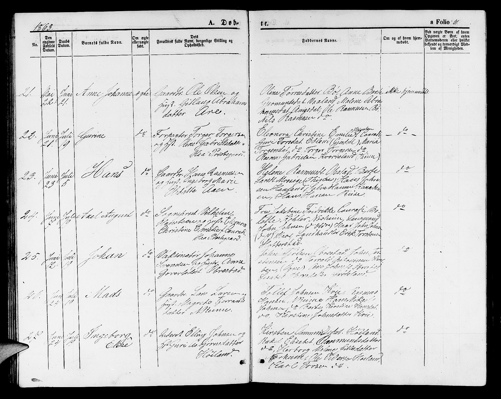 Hå sokneprestkontor, SAST/A-101801/001/30BB/L0001: Parish register (copy) no. B 1, 1854-1883, p. 41