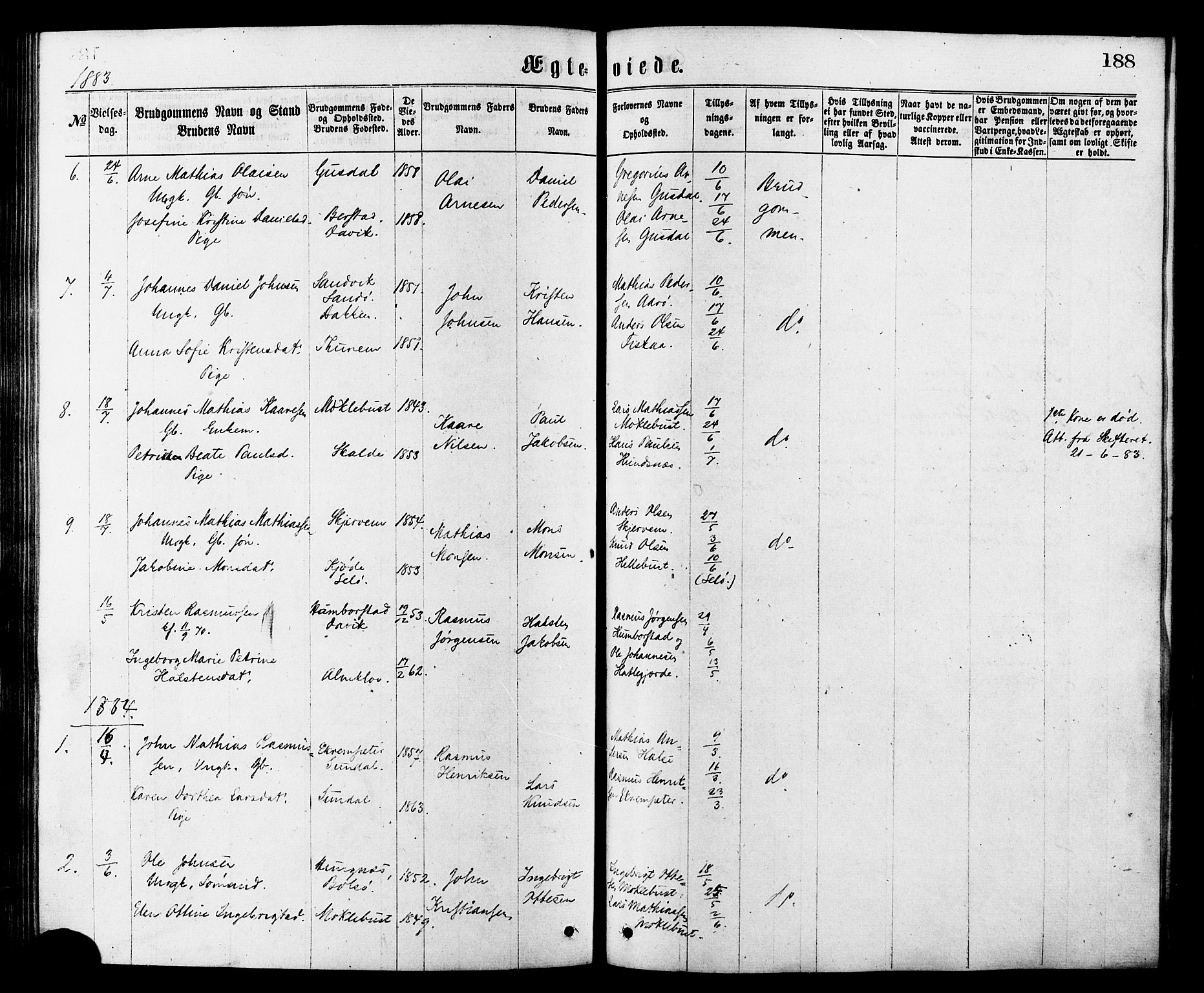 Ministerialprotokoller, klokkerbøker og fødselsregistre - Møre og Romsdal, AV/SAT-A-1454/501/L0007: Parish register (official) no. 501A07, 1868-1884, p. 188