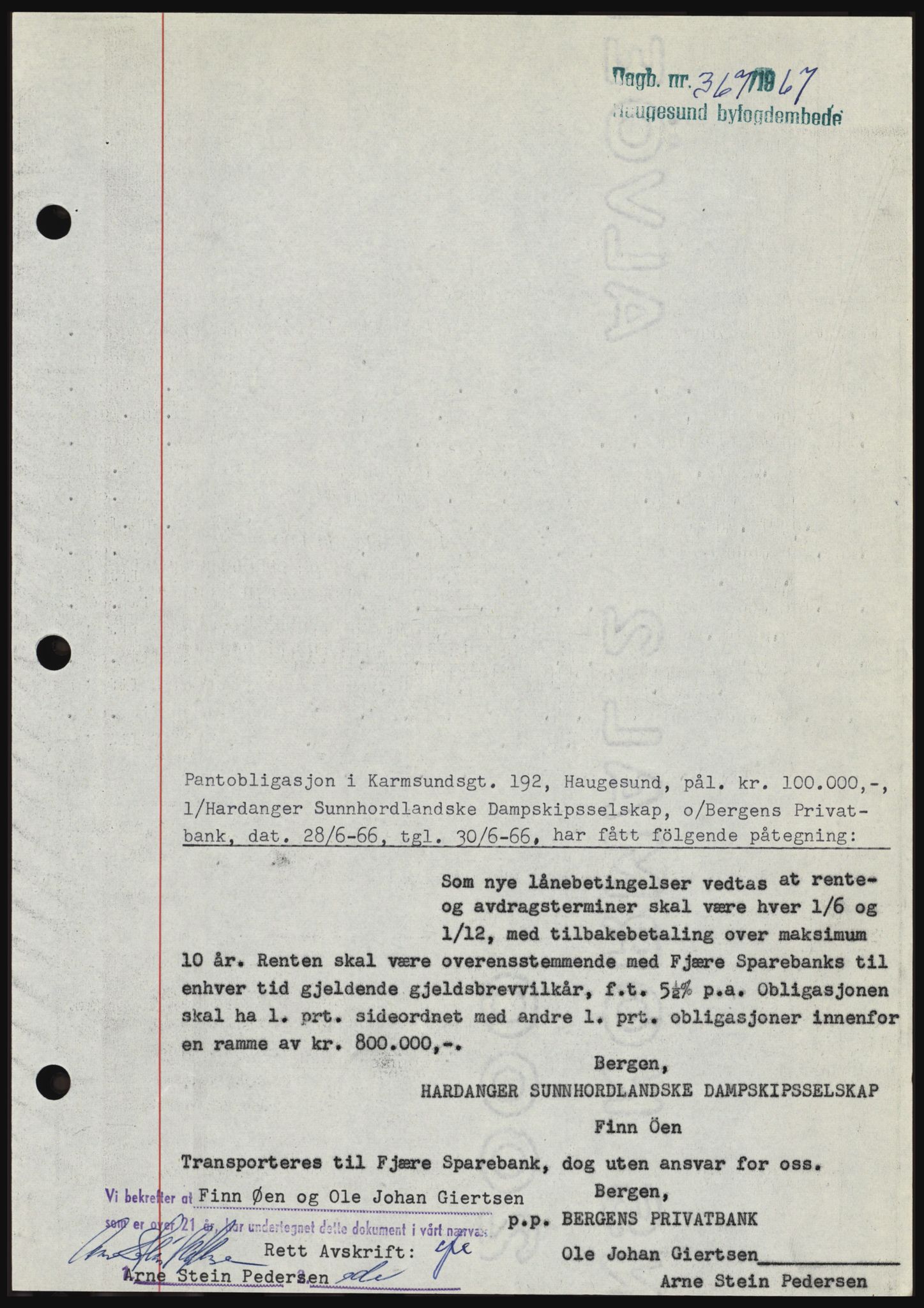 Haugesund tingrett, SAST/A-101415/01/II/IIC/L0056: Mortgage book no. B 56, 1966-1967, Diary no: : 367/1967