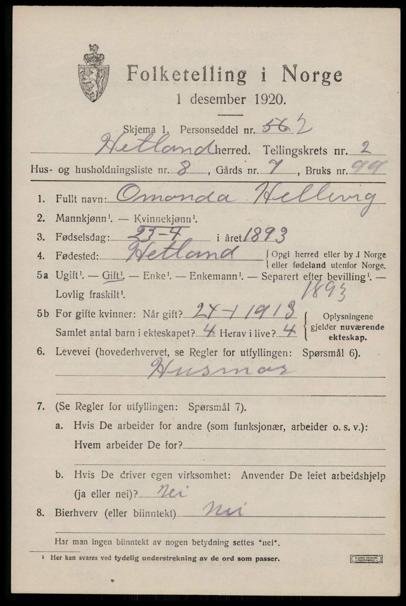 SAST, 1920 census for Hetland, 1920, p. 4099