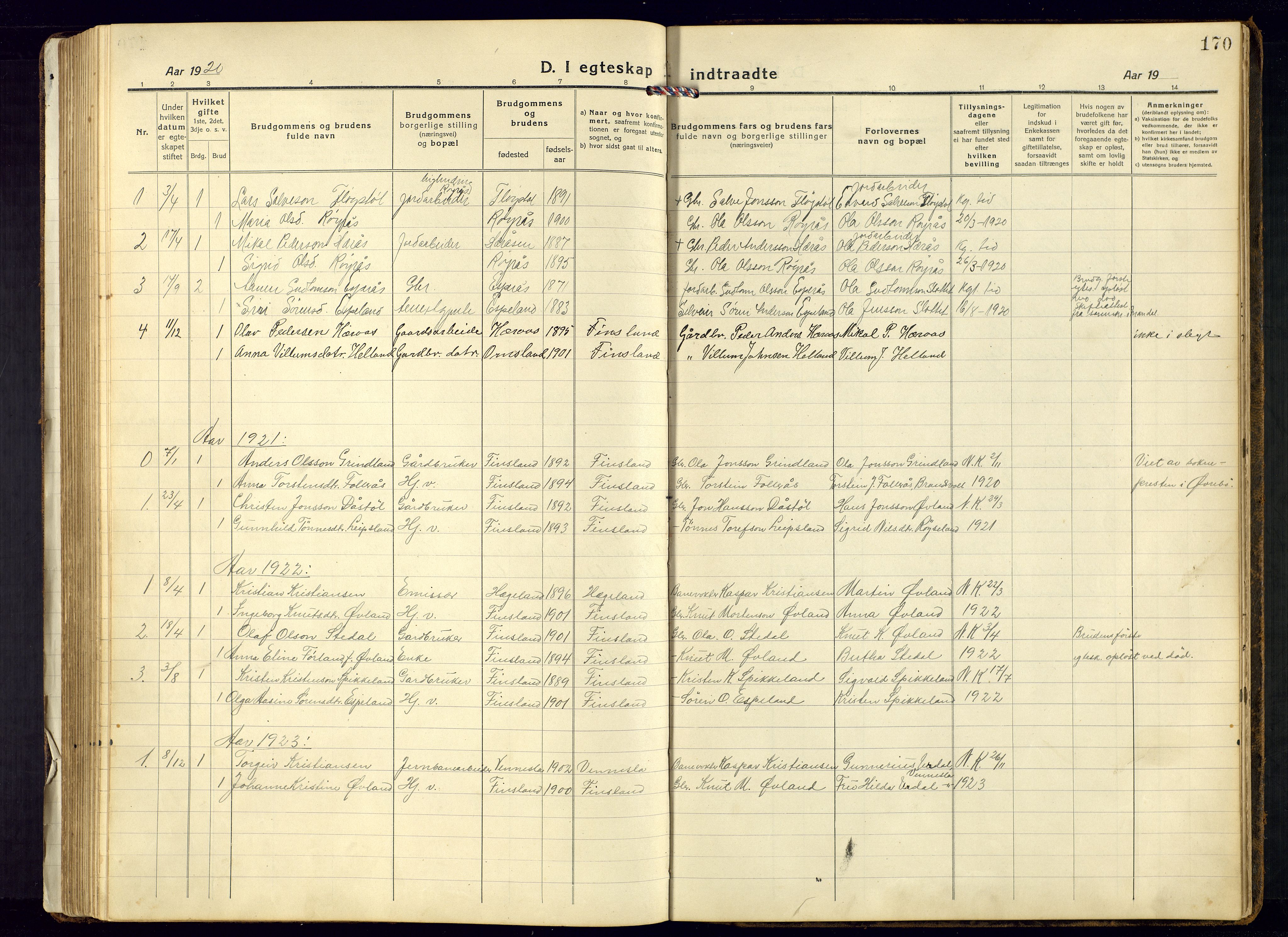 Bjelland sokneprestkontor, SAK/1111-0005/F/Fb/Fbb/L0006: Parish register (copy) no. B-6, 1918-1946, p. 170