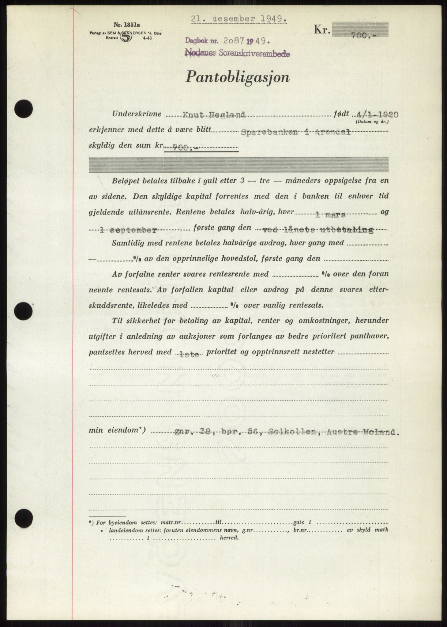 Nedenes sorenskriveri, AV/SAK-1221-0006/G/Gb/Gbb/L0007: Mortgage book no. B7, 1949-1950, Diary no: : 2087/1949