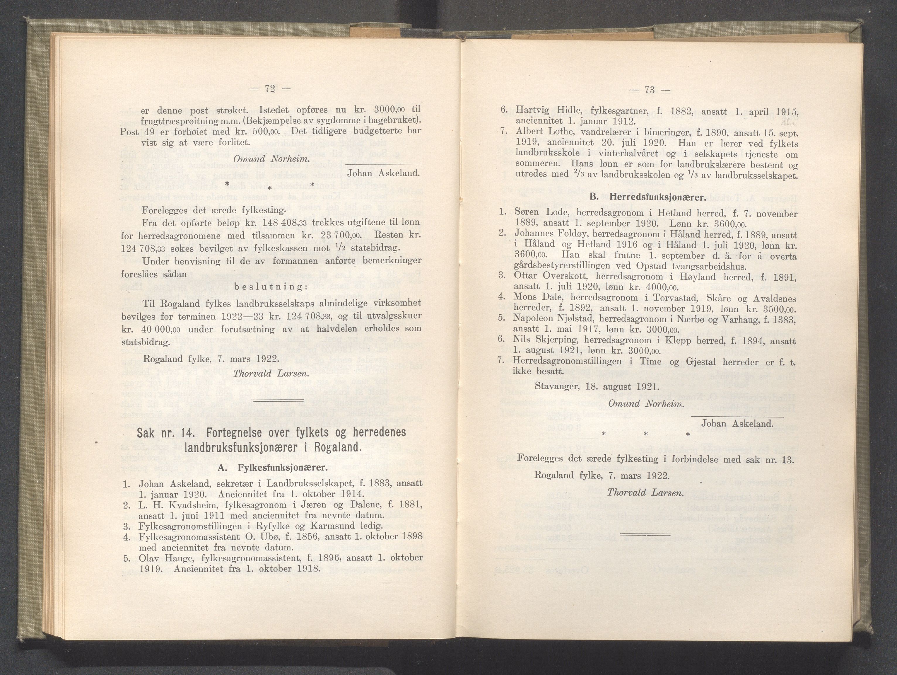 Rogaland fylkeskommune - Fylkesrådmannen , IKAR/A-900/A/Aa/Aaa/L0041: Møtebok , 1922, p. 72-73