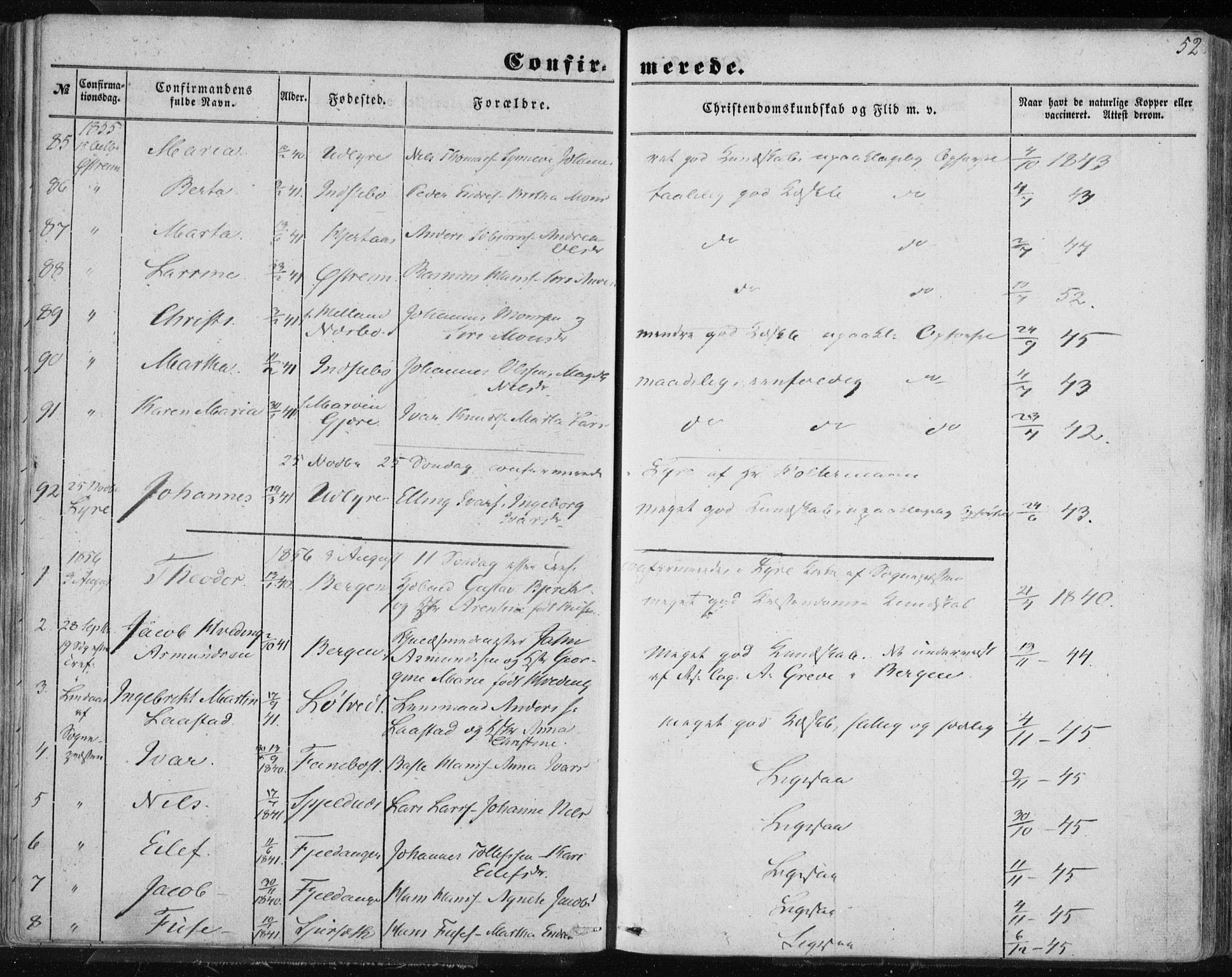 Lindås Sokneprestembete, SAB/A-76701/H/Haa: Parish register (official) no. A 13, 1848-1862, p. 52