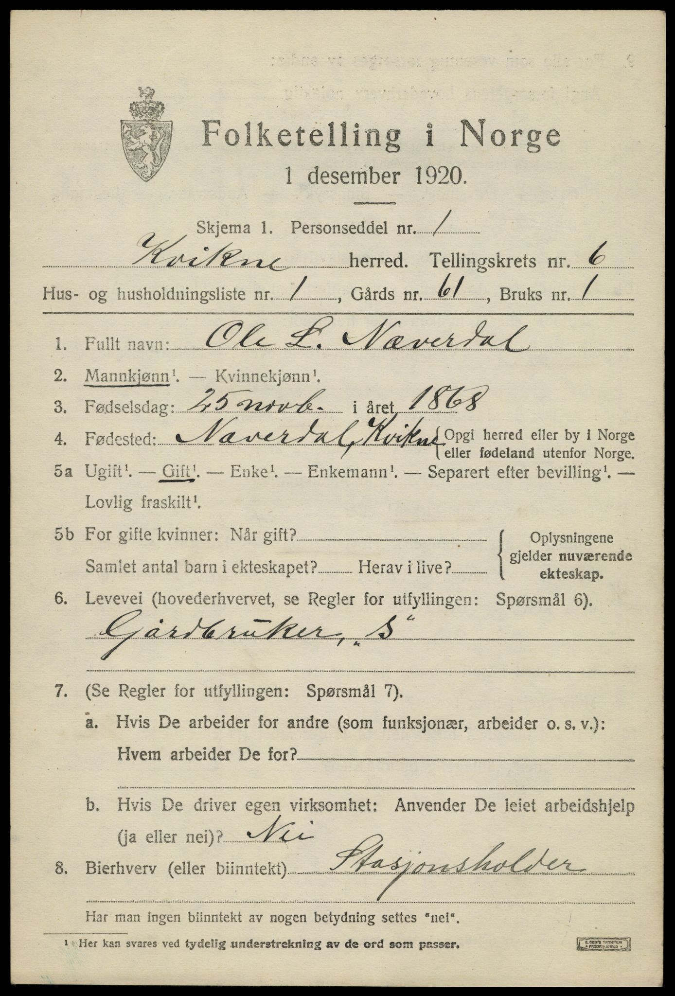 SAH, 1920 census for Kvikne, 1920, p. 2452