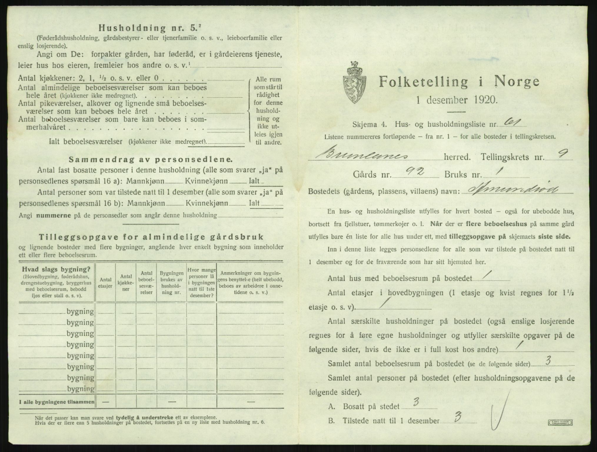 SAKO, 1920 census for Brunlanes, 1920, p. 1201