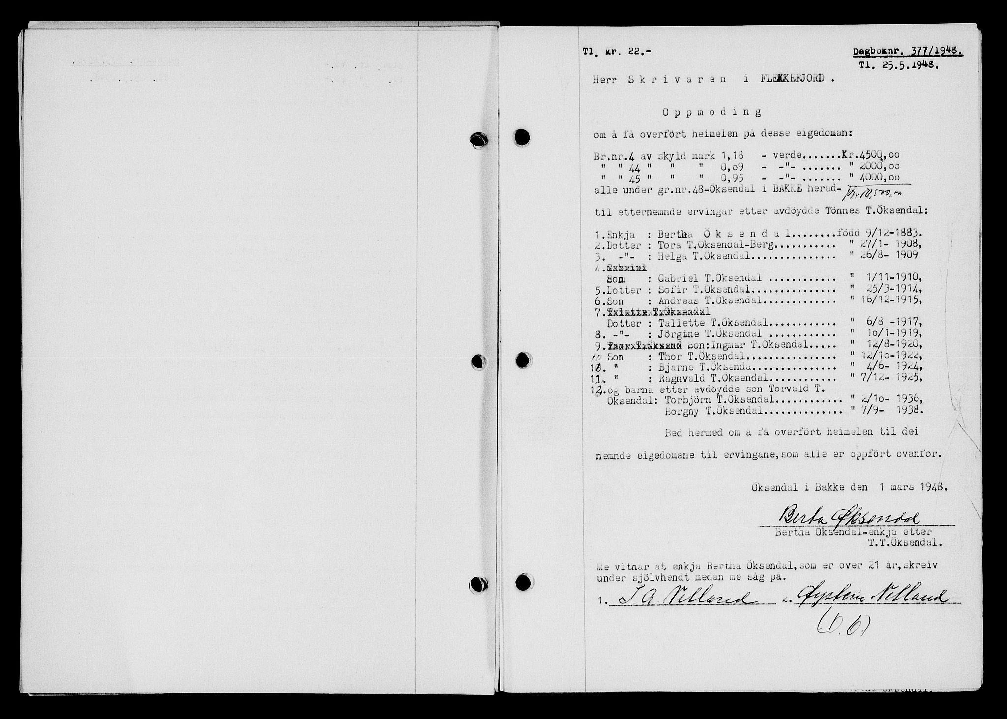 Flekkefjord sorenskriveri, SAK/1221-0001/G/Gb/Gba/L0063: Mortgage book no. A-11, 1947-1948, Diary no: : 377/1948