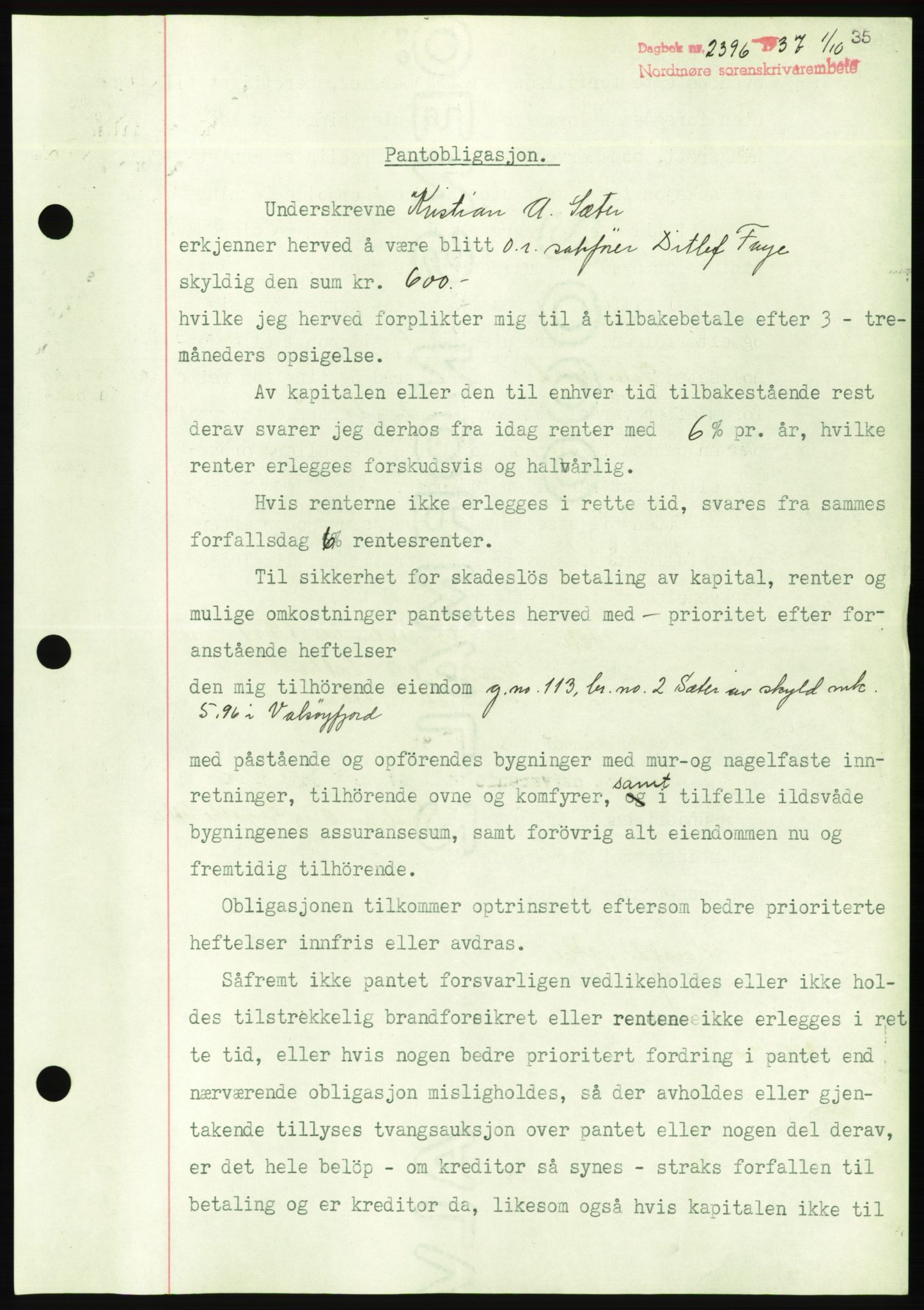 Nordmøre sorenskriveri, AV/SAT-A-4132/1/2/2Ca/L0092: Mortgage book no. B82, 1937-1938, Diary no: : 2396/1937