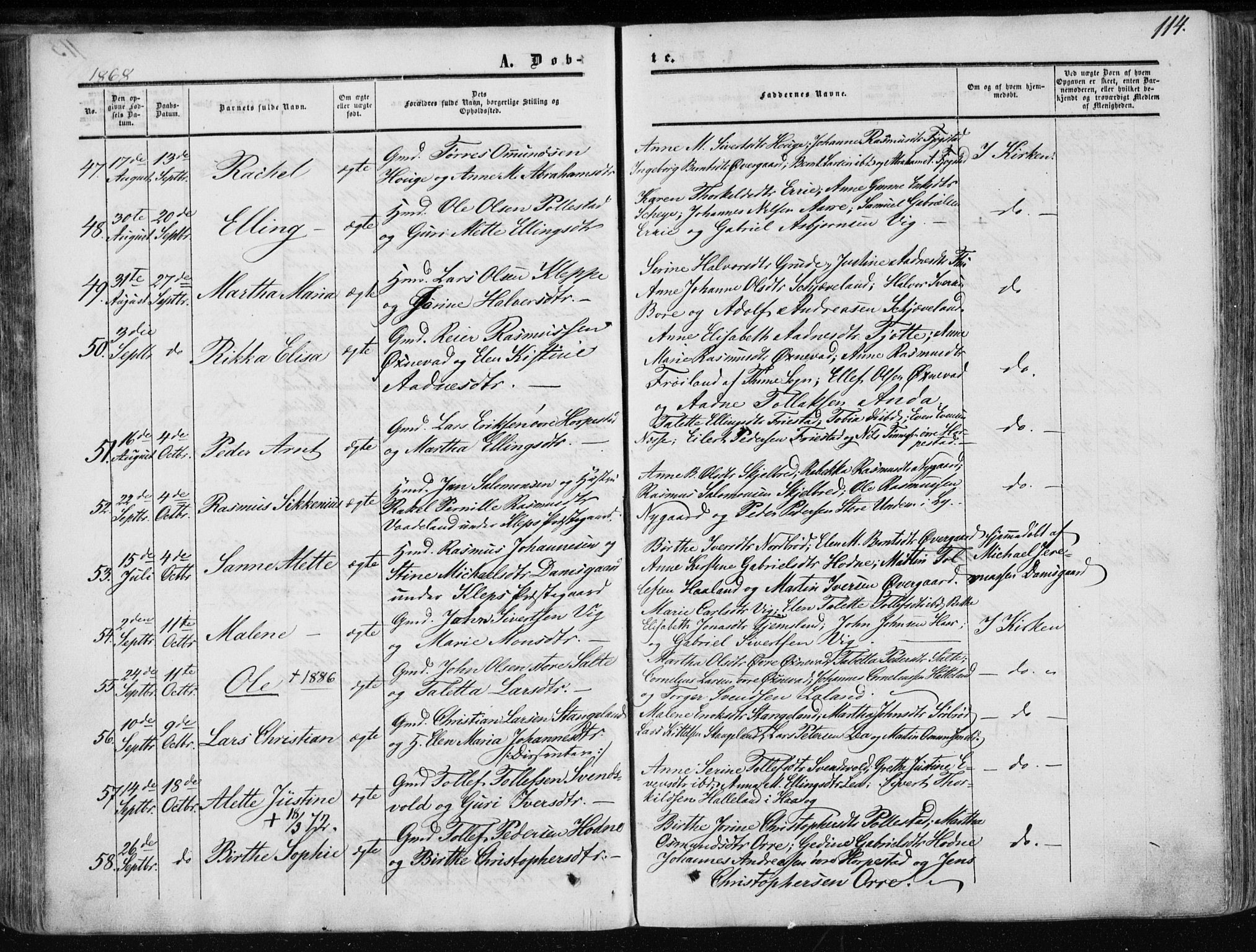 Klepp sokneprestkontor, AV/SAST-A-101803/001/3/30BA/L0005: Parish register (official) no. A 5, 1853-1870, p. 114